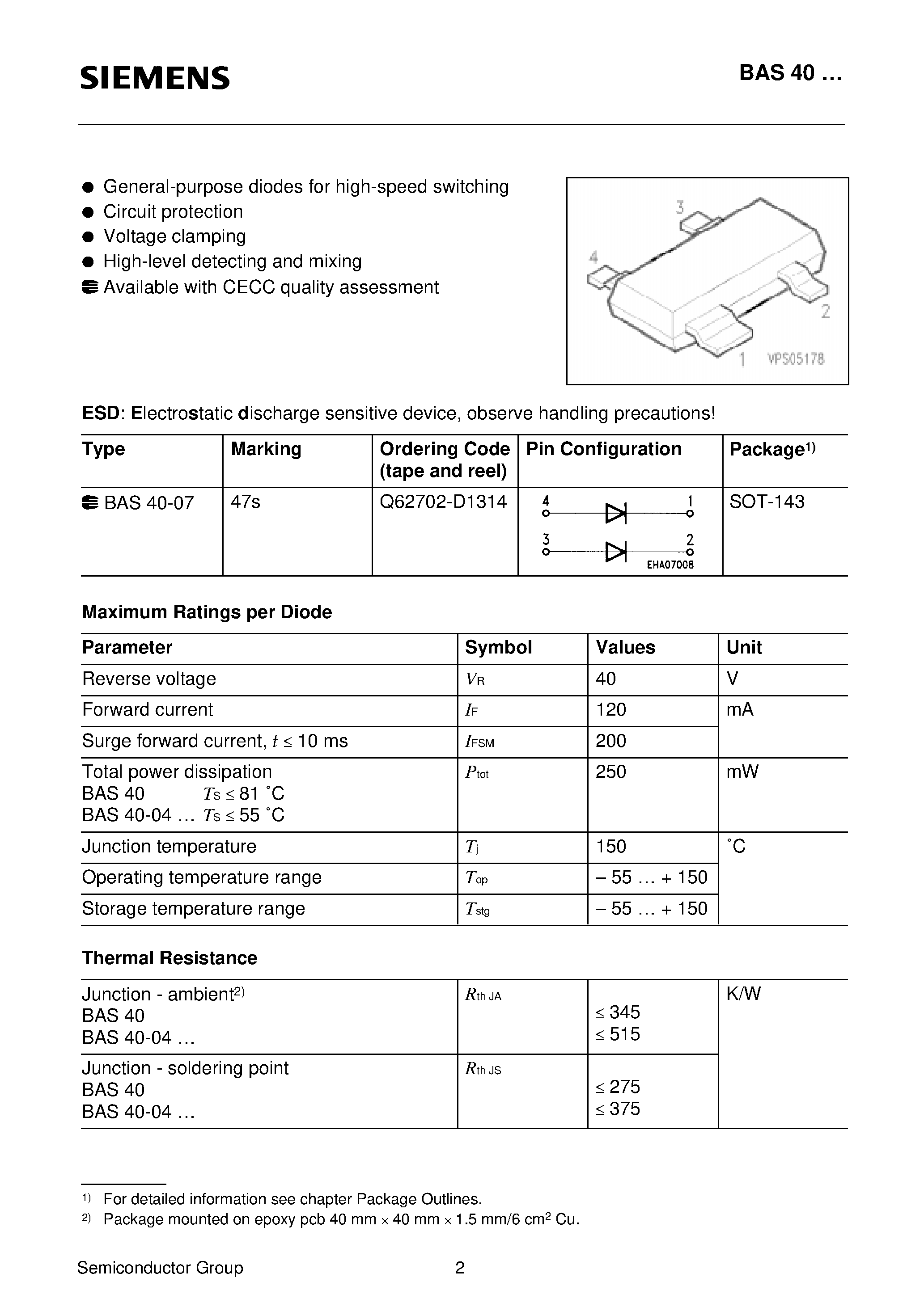 Даташит на микросхему BAS40-04 страница 2 Даташит BAS40-04 - Silicon Schottky Diodes (General-purpose diodes for high-speed switching Circuit protection Voltage clamping) страница 2