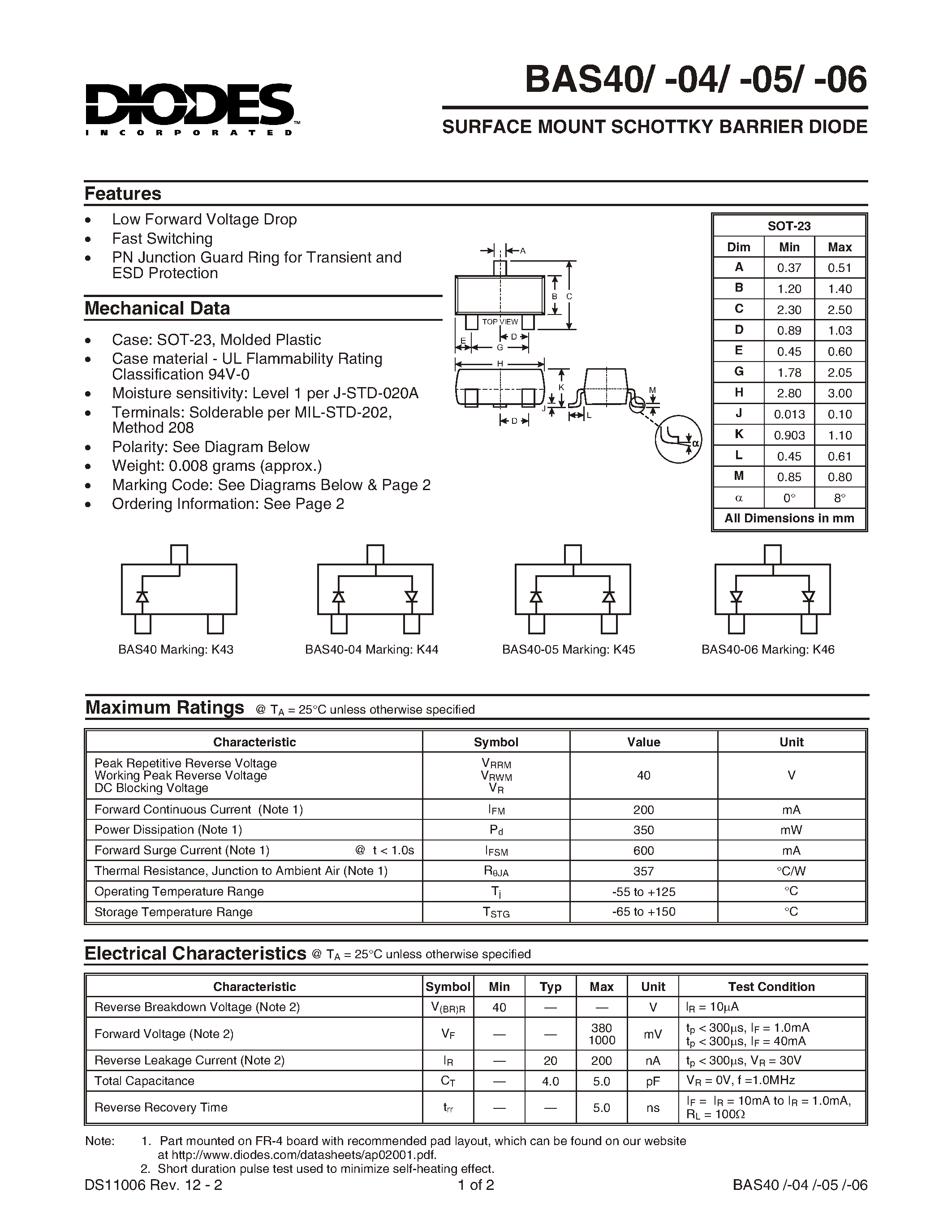 Datasheet BAS40-04-7 - SURFACE MOUNT SCHOTTKY BARRIER DIODE page 1