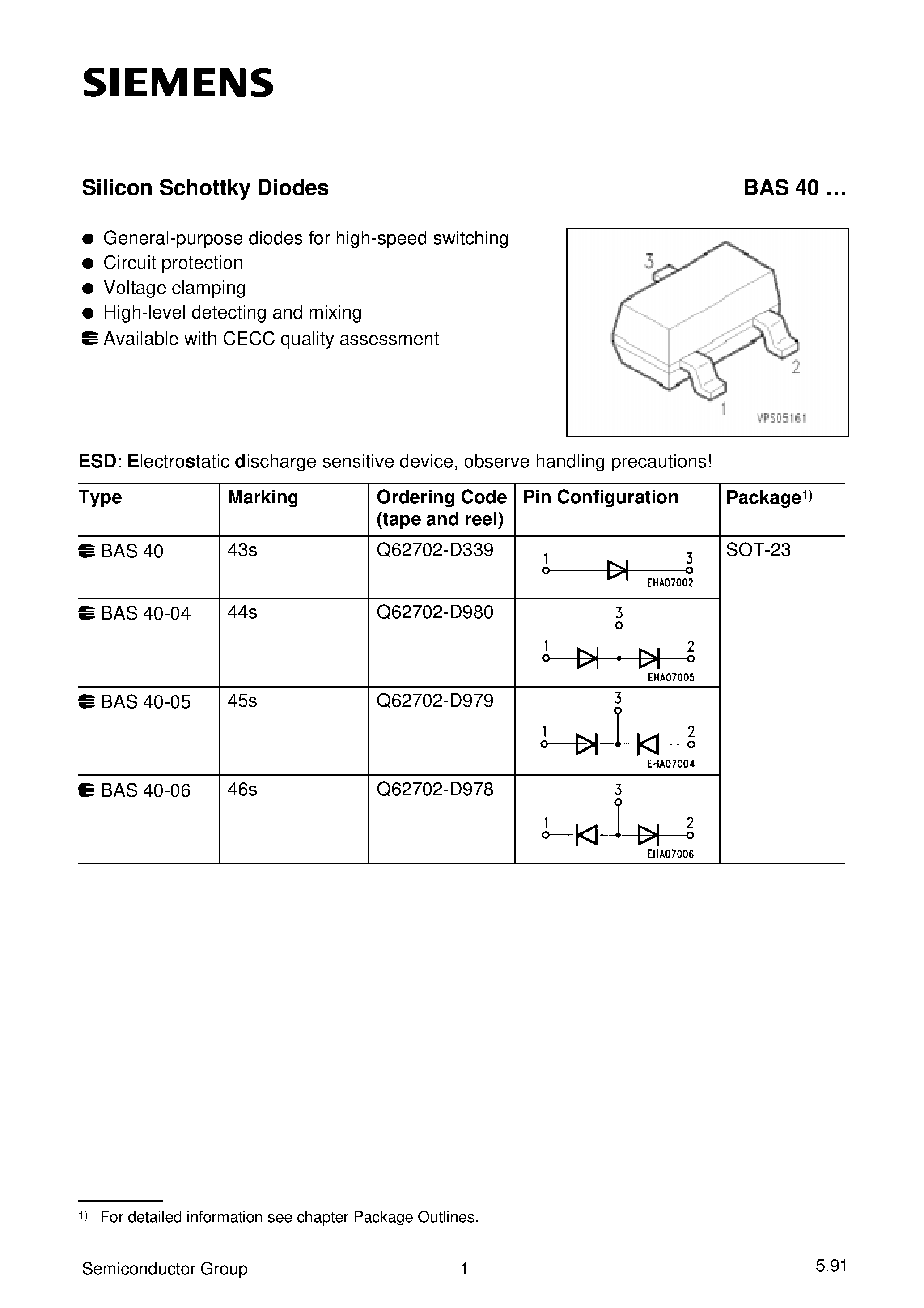 Даташит BAS40-05 - Silicon Schottky Diodes (General-purpose diodes for high-speed switching Circuit protection Voltage clamping) страница 1