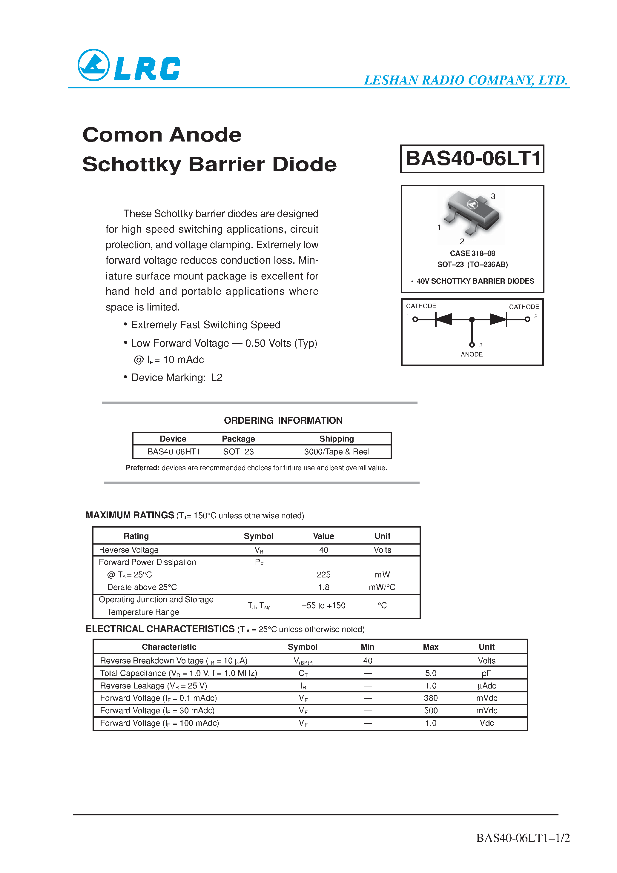 Datasheet BAS40-06HT1 page 1 Datasheet BAS40-06HT1 - Comon Anode Schottky Barrier Diode page 1