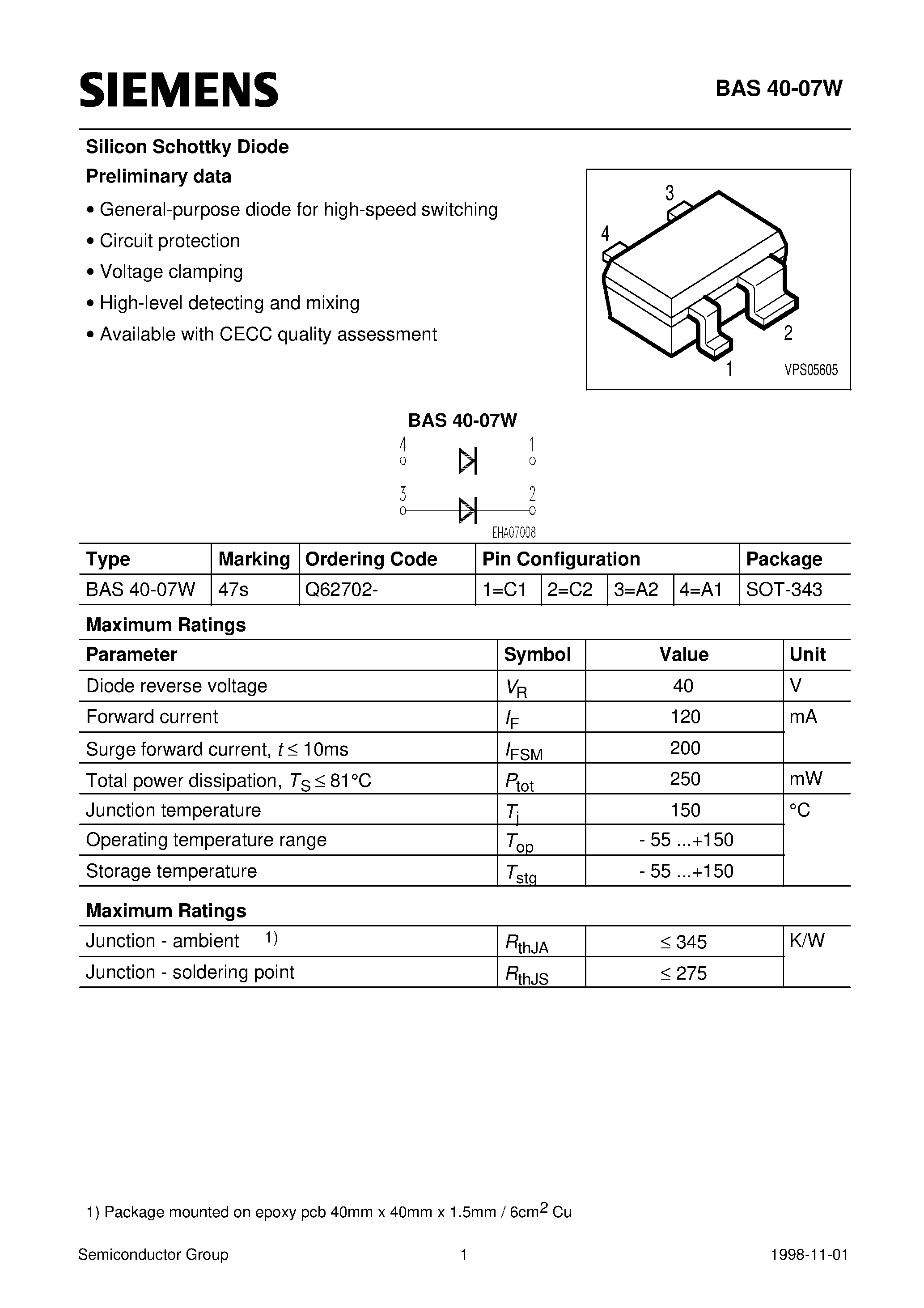 Datasheet BAS40-07W - Silicon Schottky Diode Preliminary data (General-purpose diode for high-speed switching Circuit protection Voltage clamping) page 1