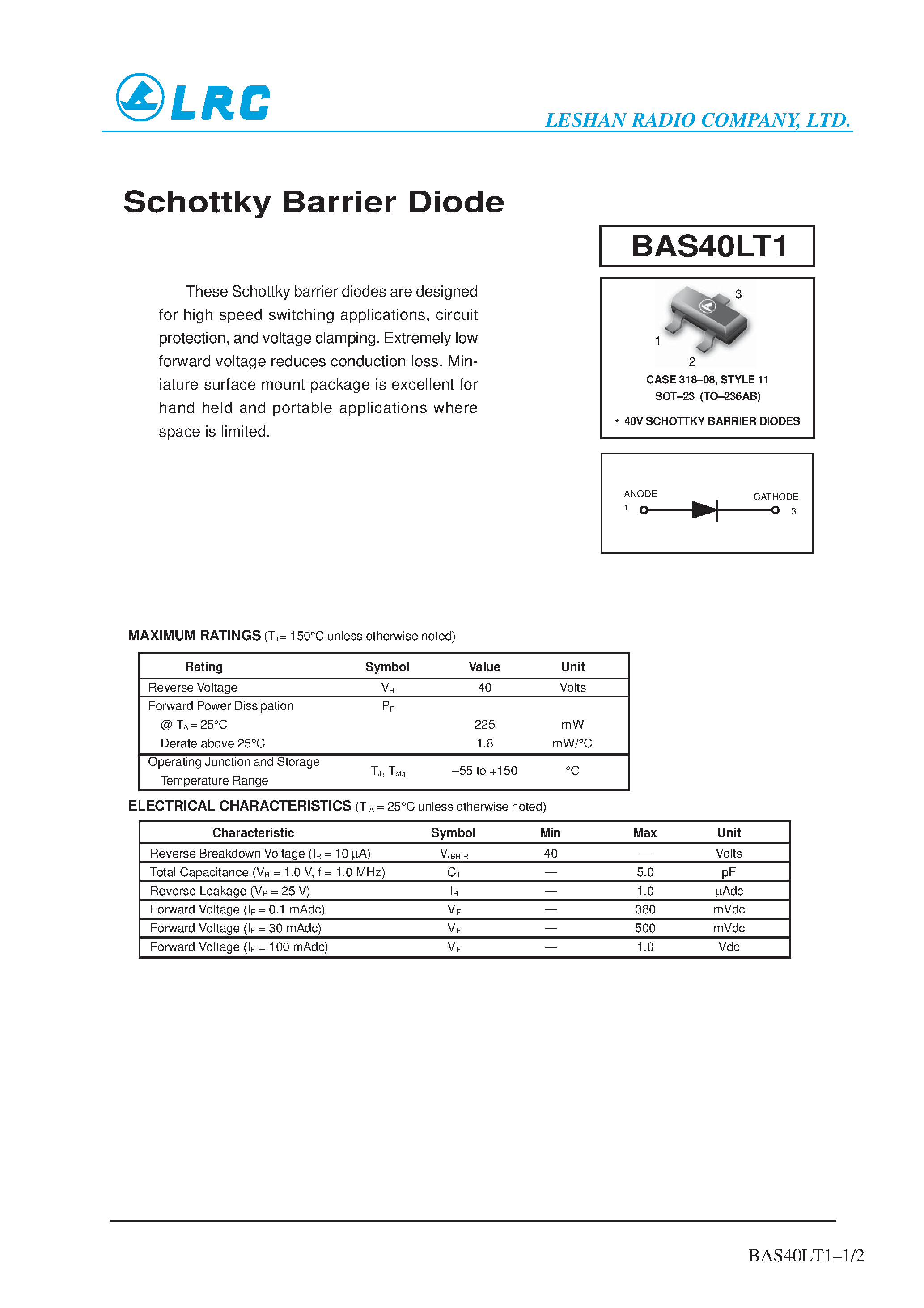 Datasheet BAS40LT1 page 1 Datasheet BAS40LT1 - Schottky Barrier Diode page 1