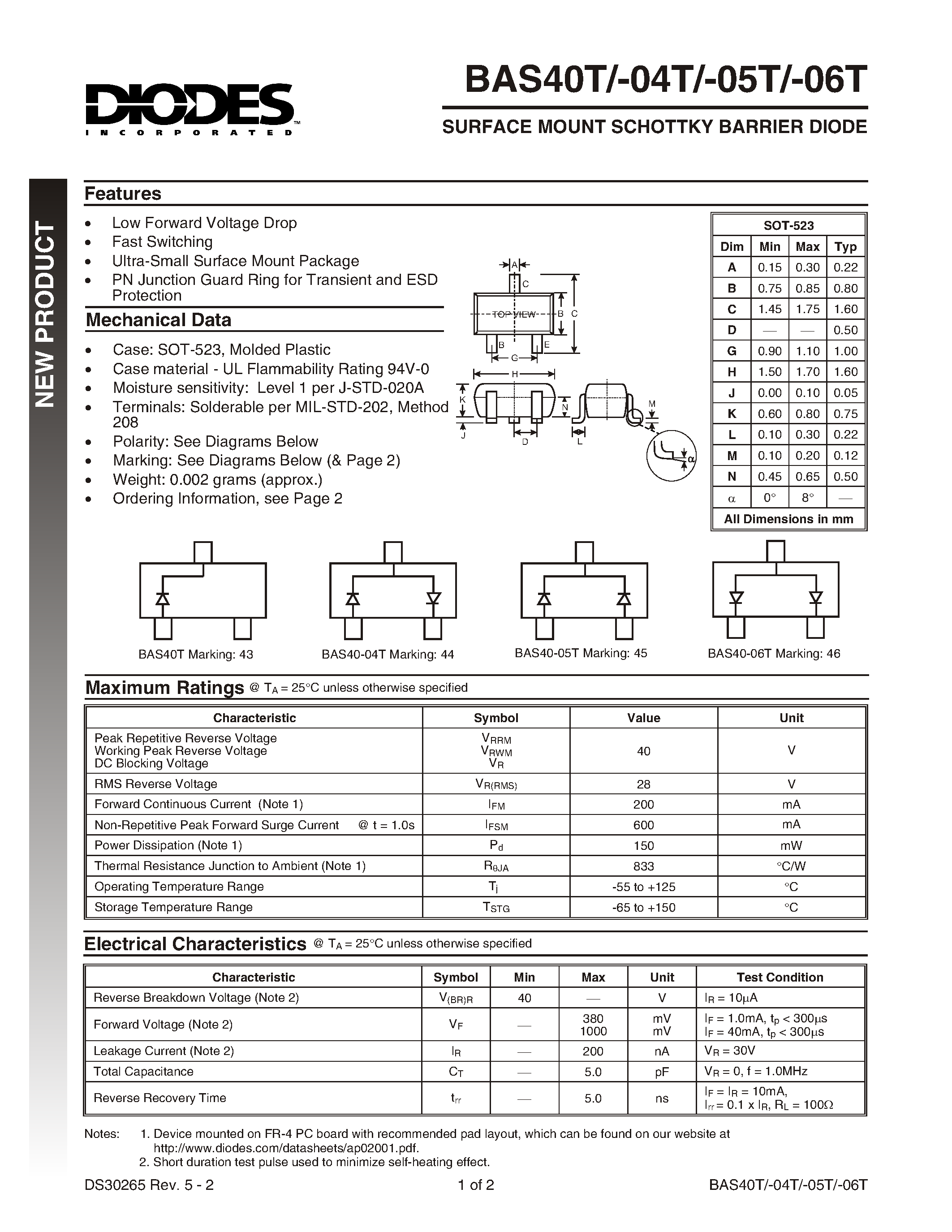 Datasheet BAS40T - SURFACE MOUNT SCHOTTKY BARRIER DIODE page 1