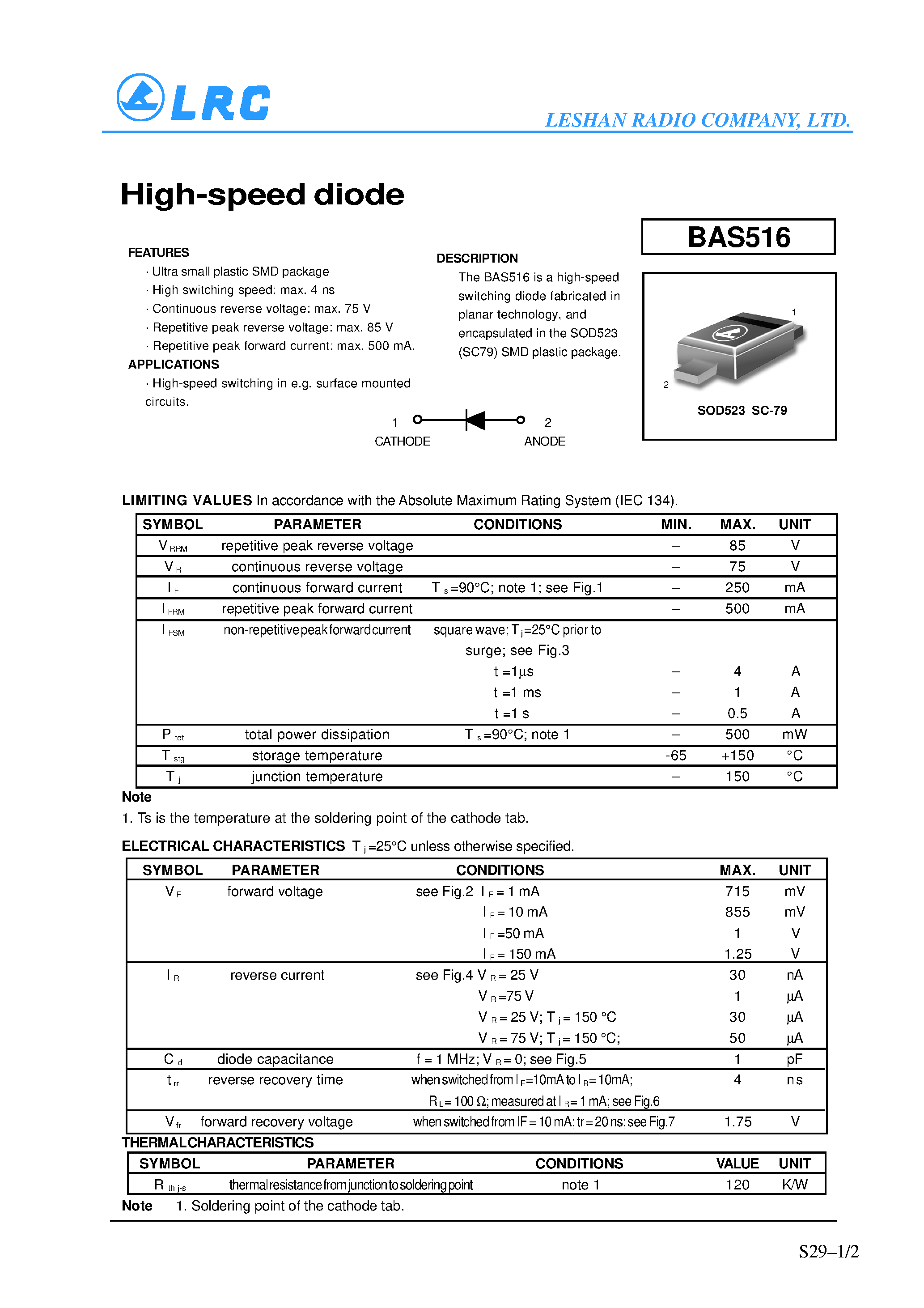 Datasheet BAS516 - High-speed diode page 1