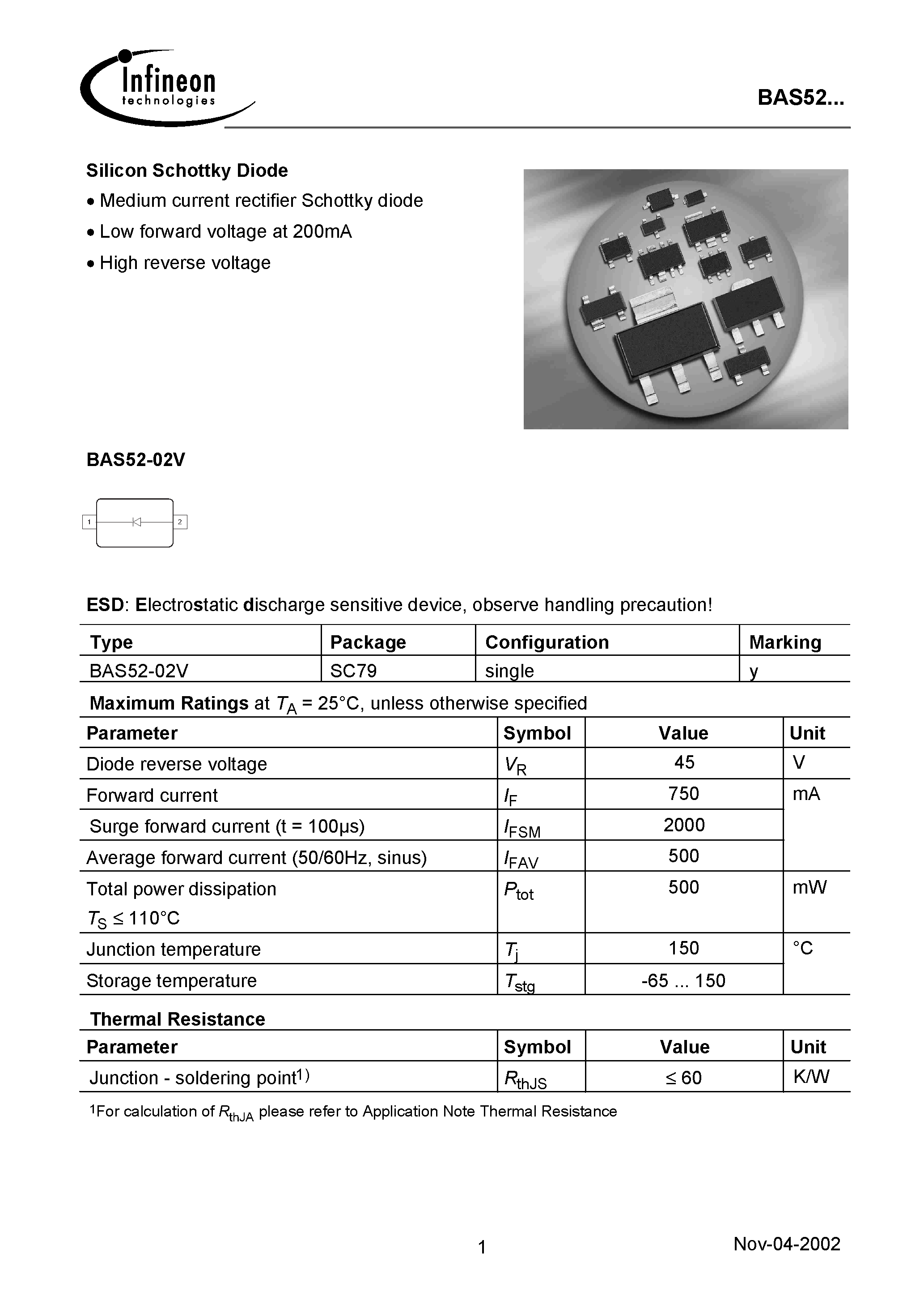 Datasheet BAS52-02V - Silicon Schottky Diode page 1