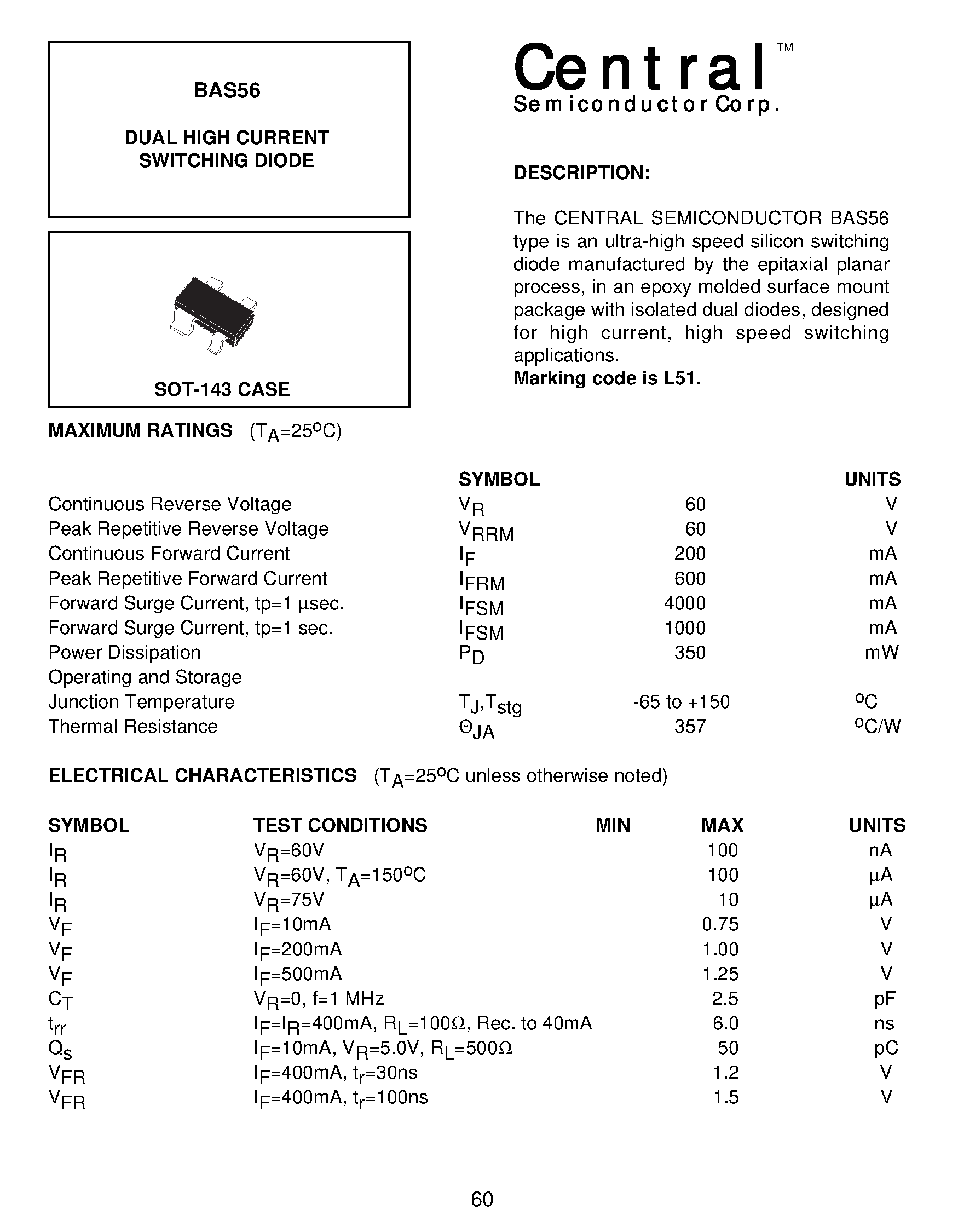 Datasheet BAS56 - DUAL HIGH CURRENT SWITCHING DIODE page 1