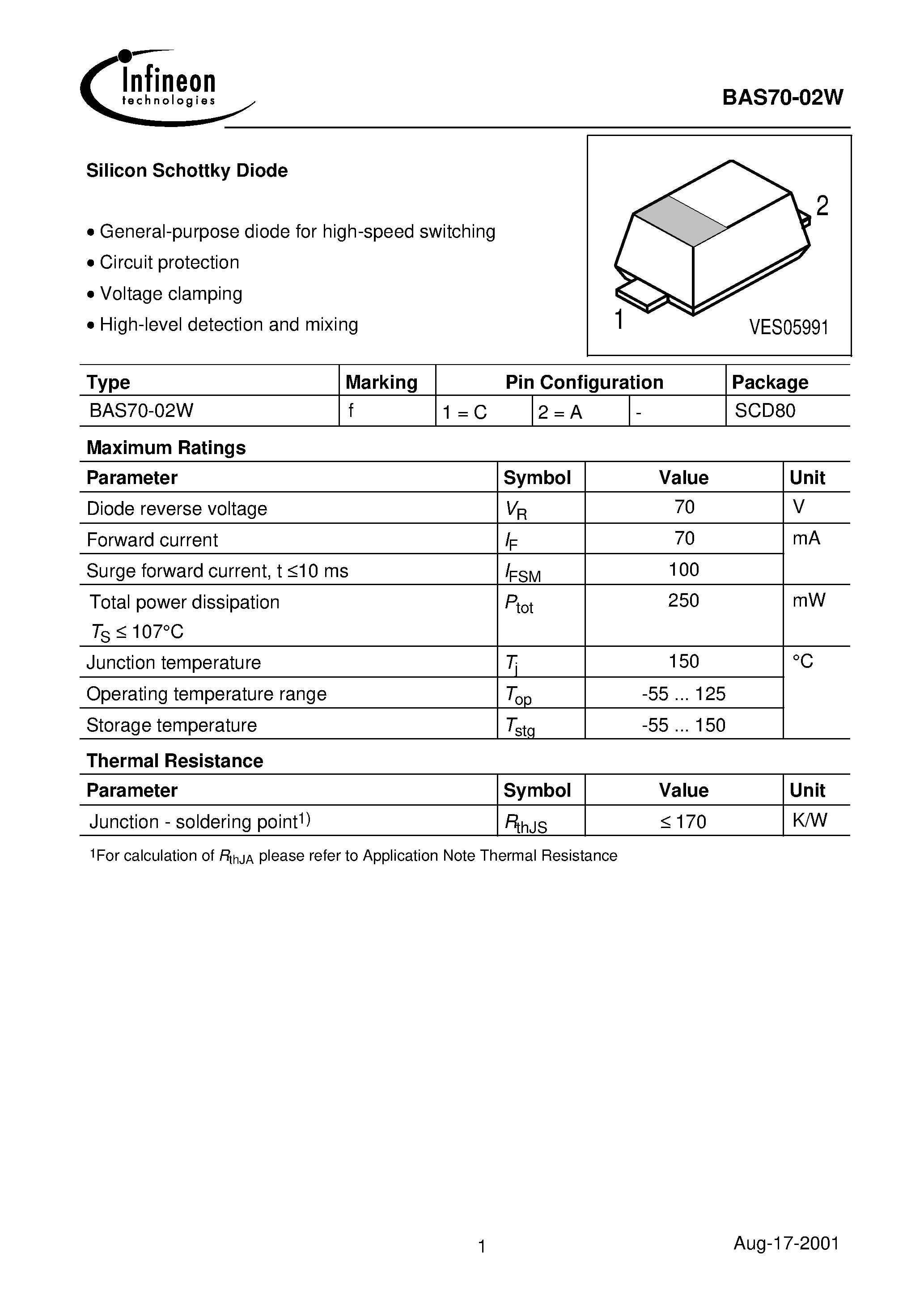 Datasheet BAS70-02W - Silicon Schottky Diode page 1