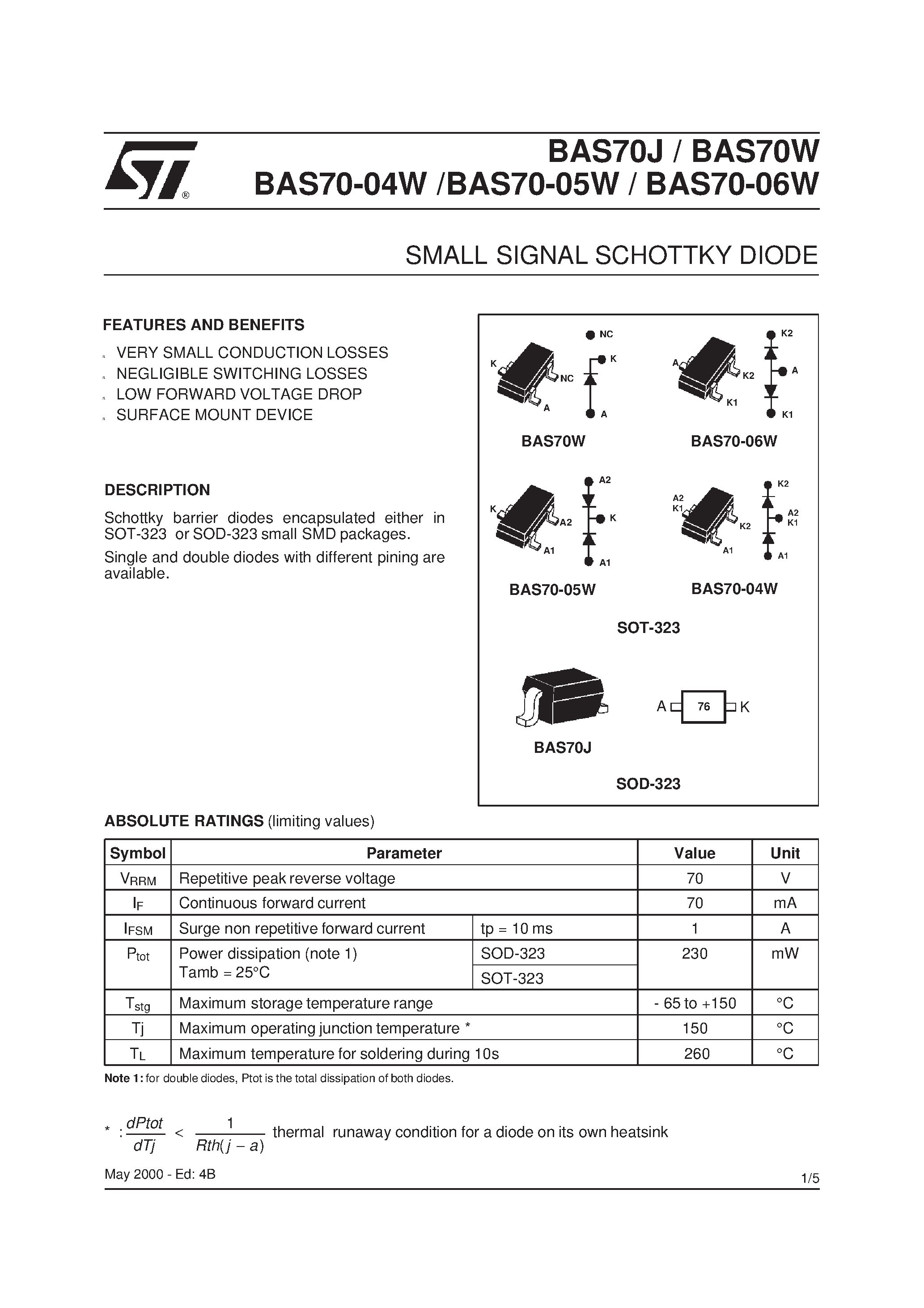 Datasheet BAS70-04W page 1 Datasheet BAS70-04W - SMALL SIGNAL SCHOTTKY DIODE page 1