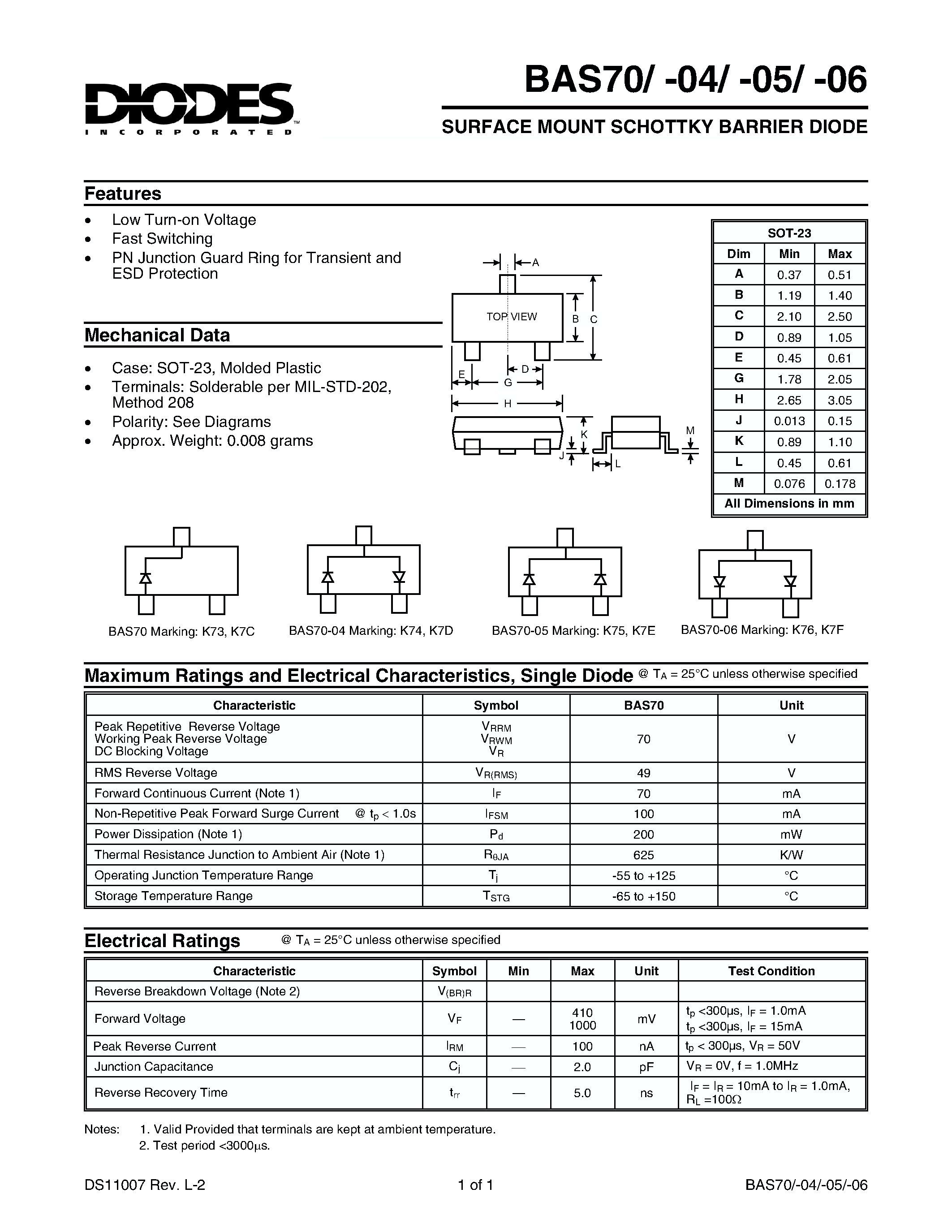 Datasheet BAS70-05 - SURFACE MOUNT SCHOTTKY BARRIER DIODE page 1