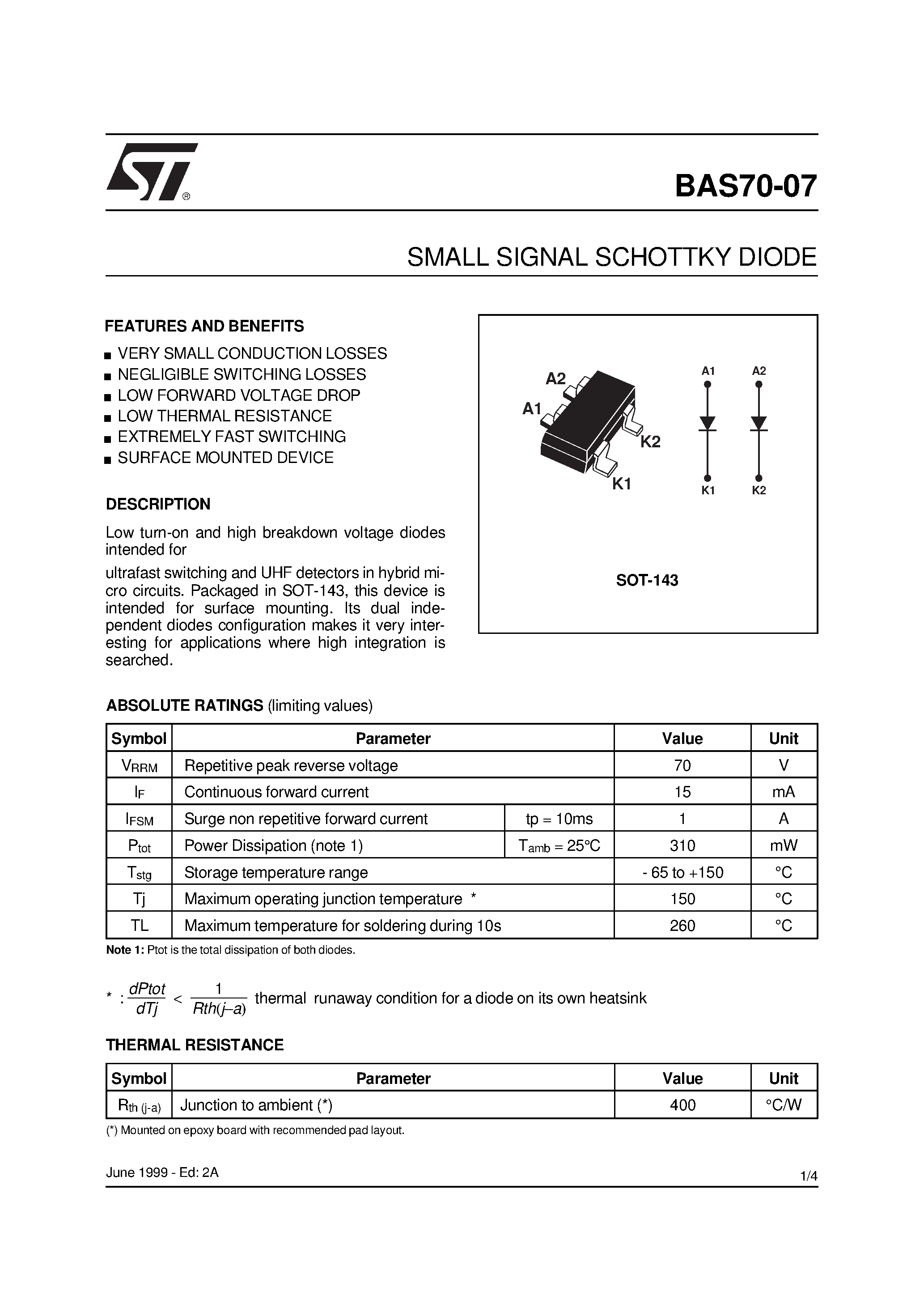 Datasheet BAS70-07 page 1 Datasheet BAS70-07 - SMALL SIGNAL SCHOTTKY DIODE page 1