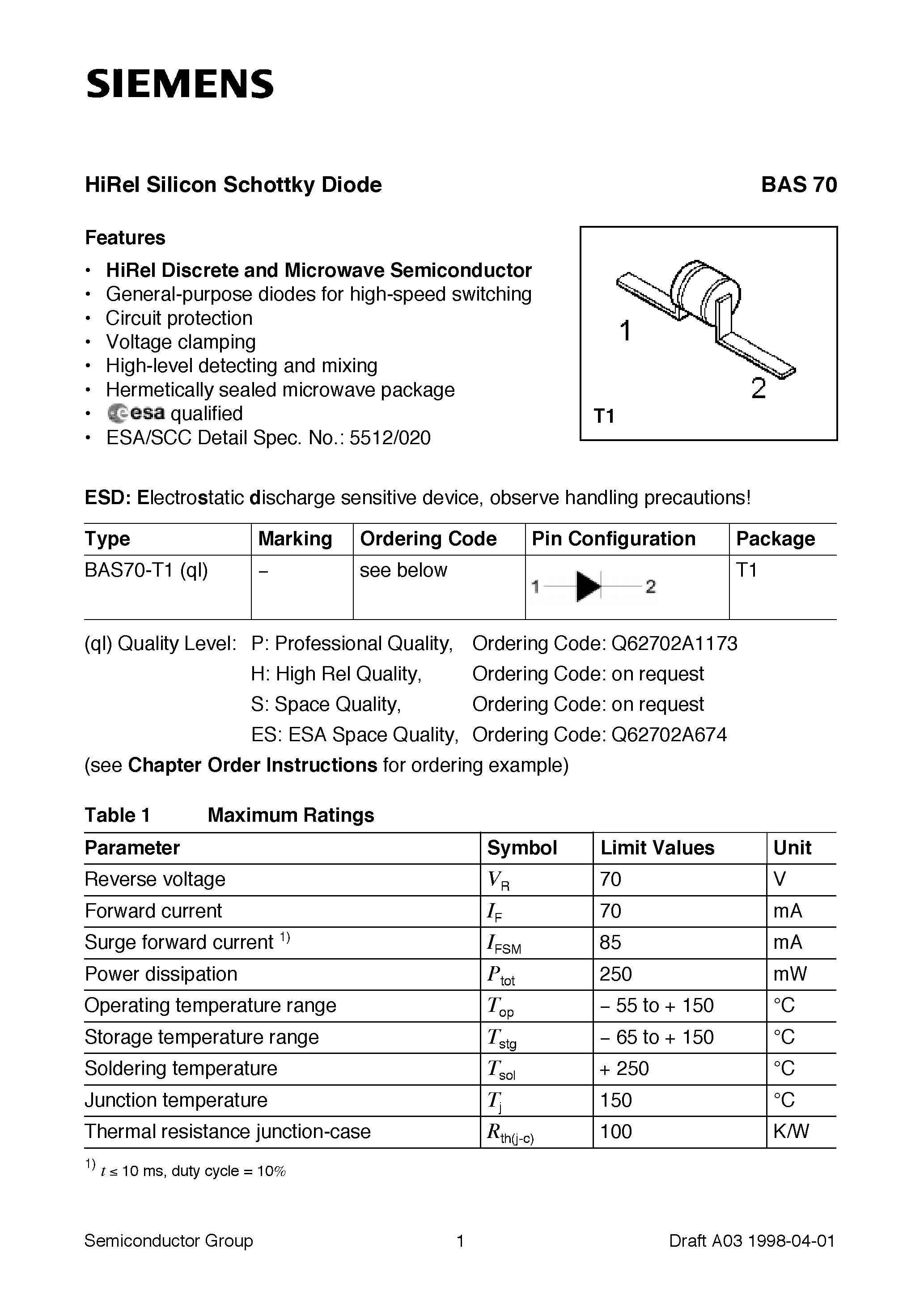 Datasheet BAS70-T1 page 1 Datasheet BAS70-T1 - HiRel Silicon Schottky Diode (HiRel Discrete and Microwave Semiconductor General-purpose diodes for high-speed switching) page 1