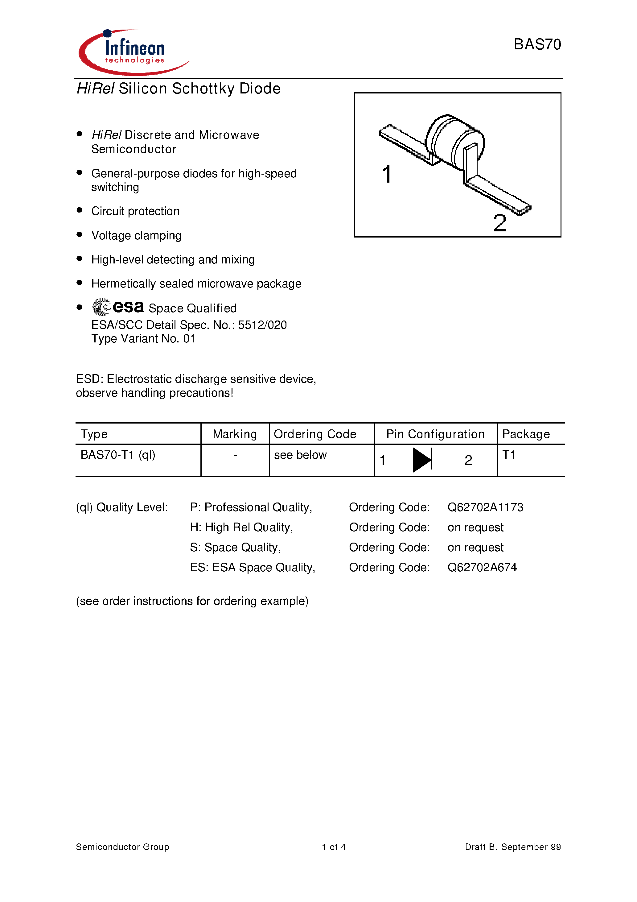 Datasheet BAS70-T1 page 1 Datasheet BAS70-T1 - HiRel Silicon Schottky Diode page 1