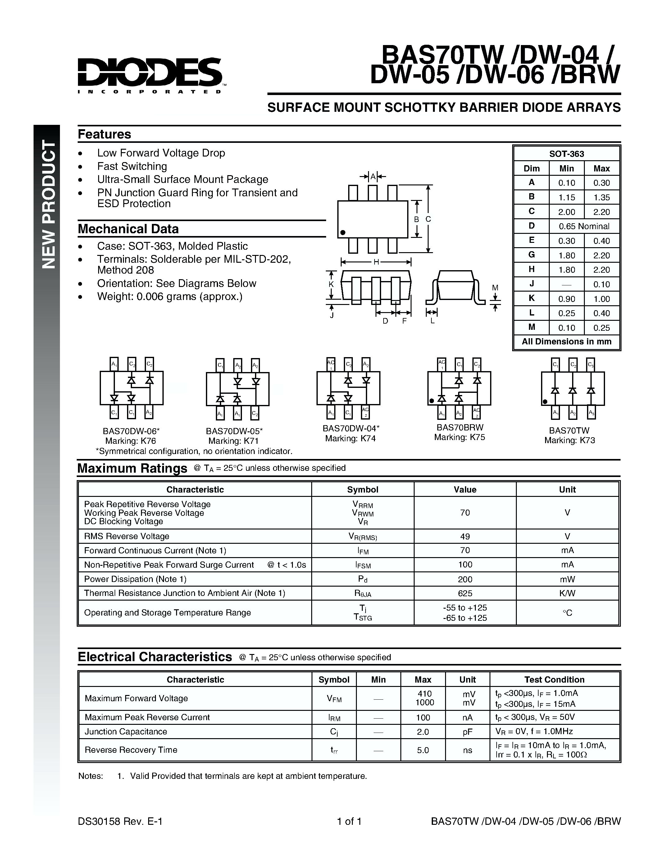 Datasheet BAS70DW-05 - SURFACE MOUNT SCHOTTKY BARRIER DIODE ARRAYS page 1