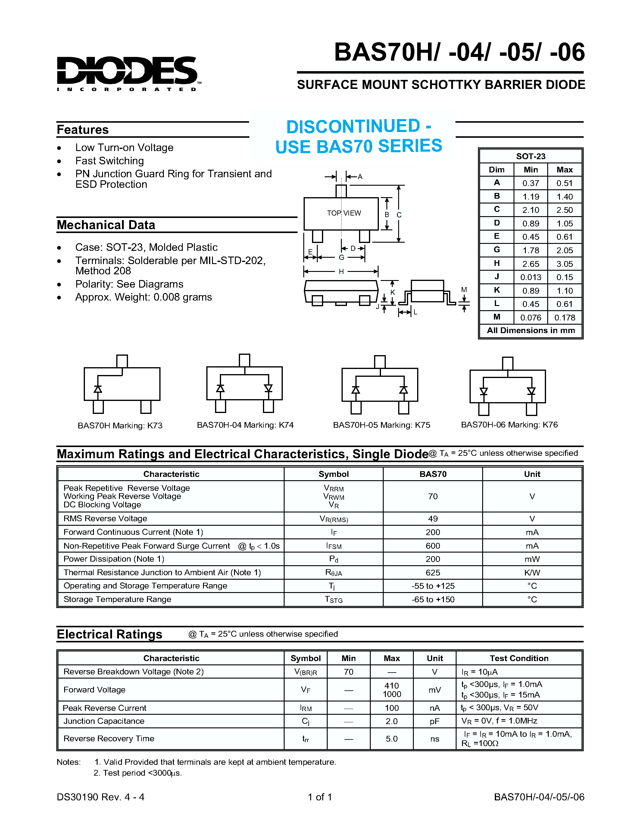 Datasheet BAS70H-04 - SURFACE MOUNT SCHOTTKY BARRIER DIODE page 1