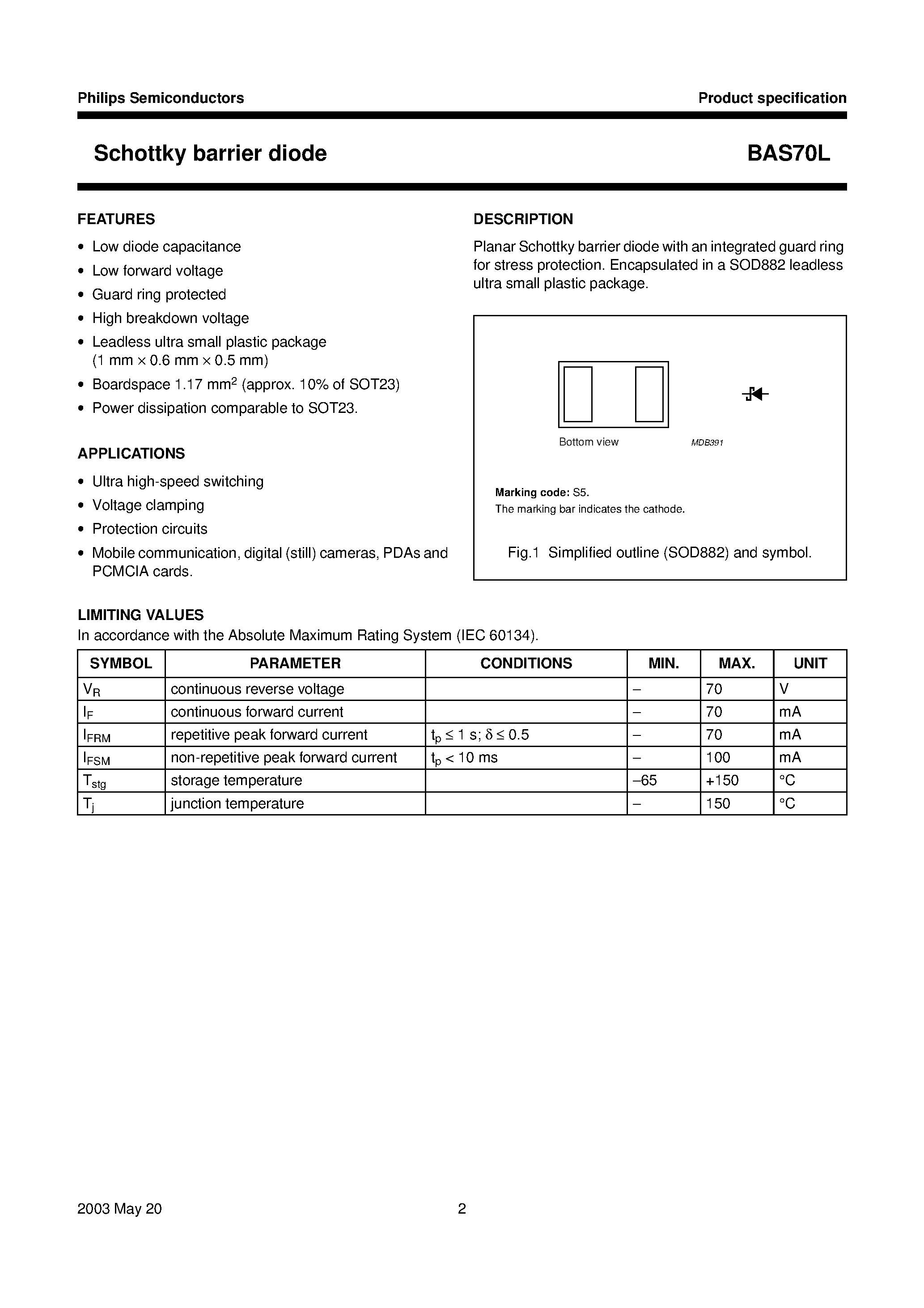 Datasheet BAS70L page 2 Datasheet BAS70L - Schottky barrier diode page 2