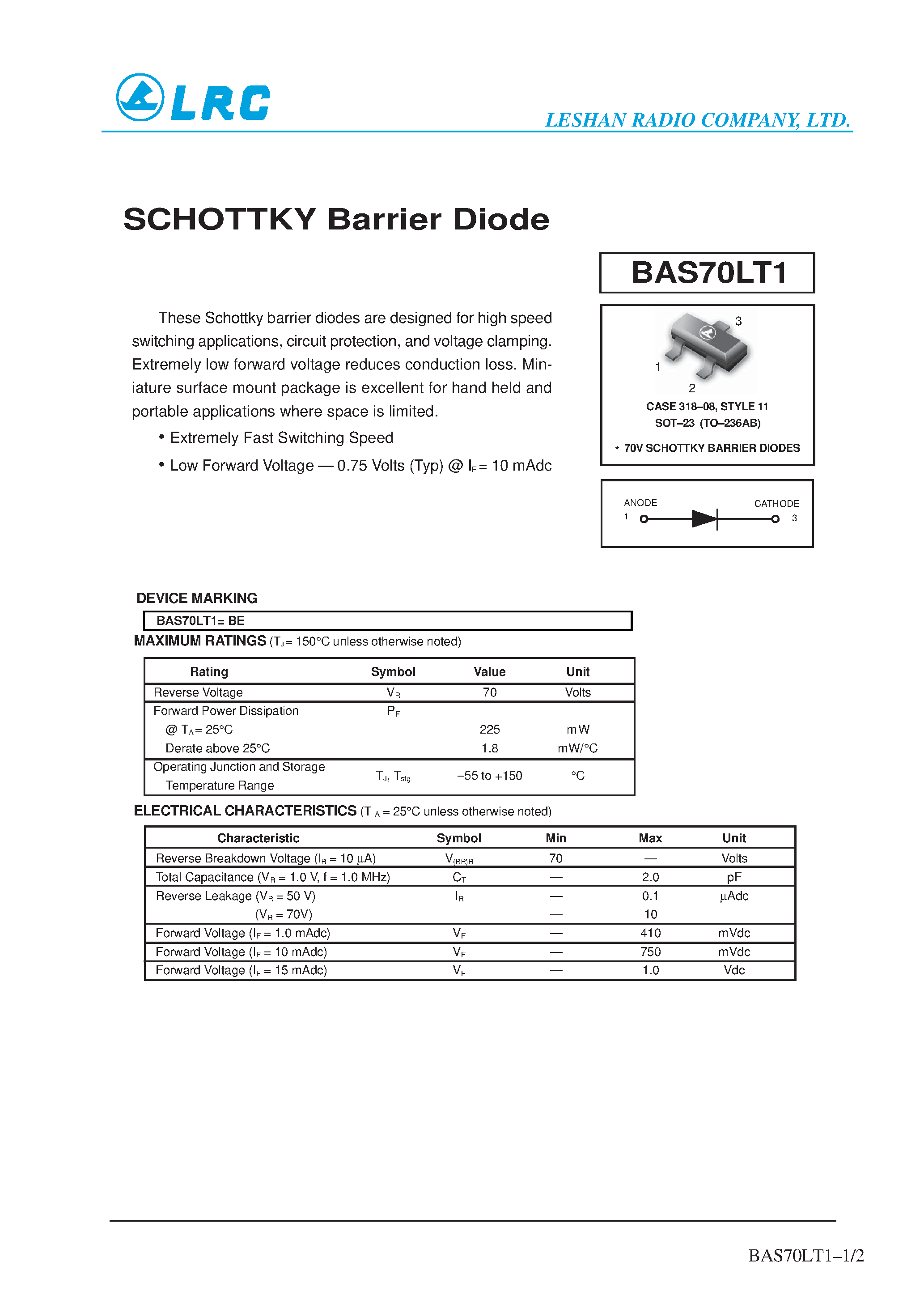 Datasheet BAS70LT1 page 1 Datasheet BAS70LT1 - SCHOTTKY Barrier Diode page 1