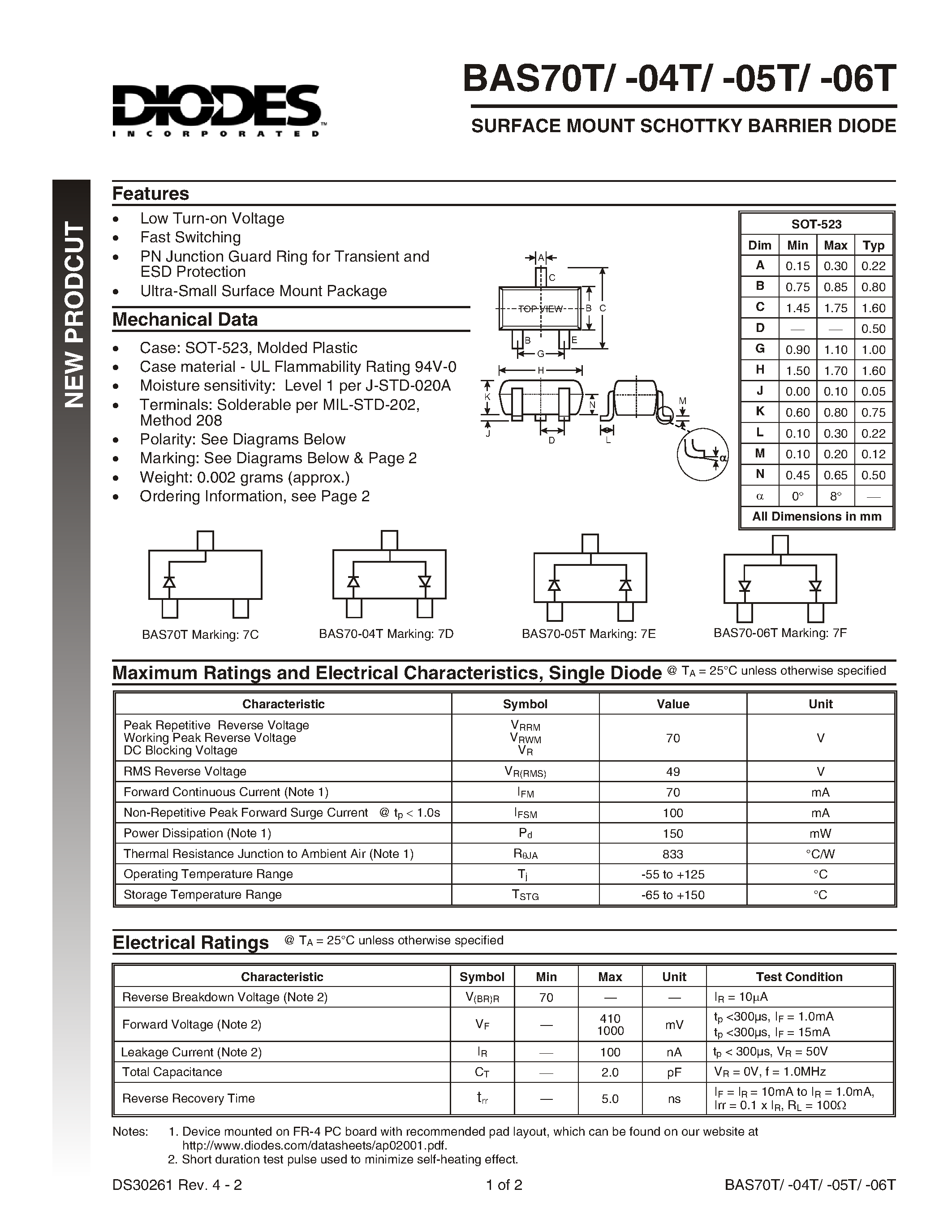 Datasheet BAS70T-06T - SURFACE MOUNT SCHOTTKY BARRIER DIODE page 1