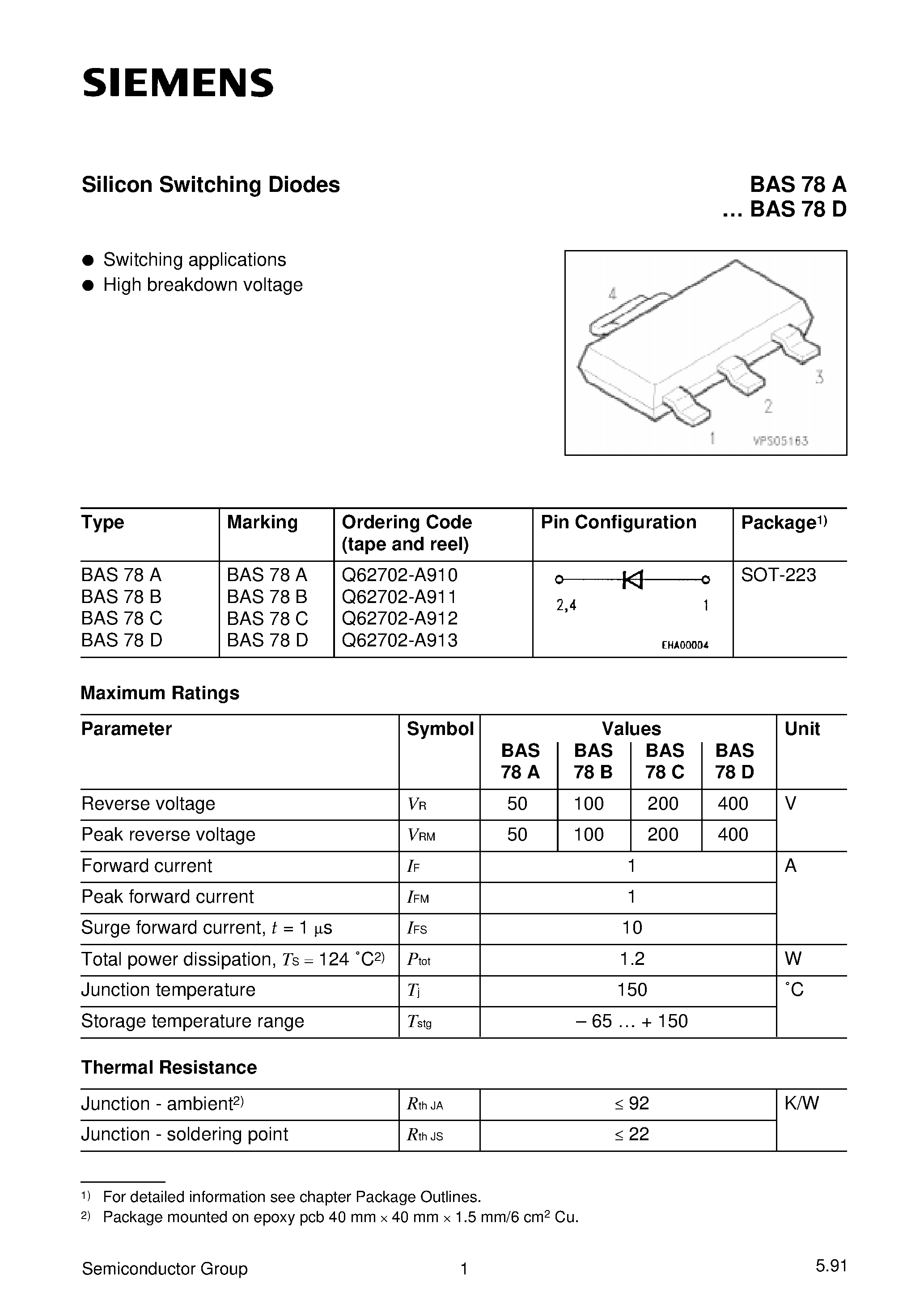 Даташит на микросхему BAS78B страница 1 Даташит BAS78B - Silicon Switching Diodes (Switching applications High breakdown voltage) страница 1