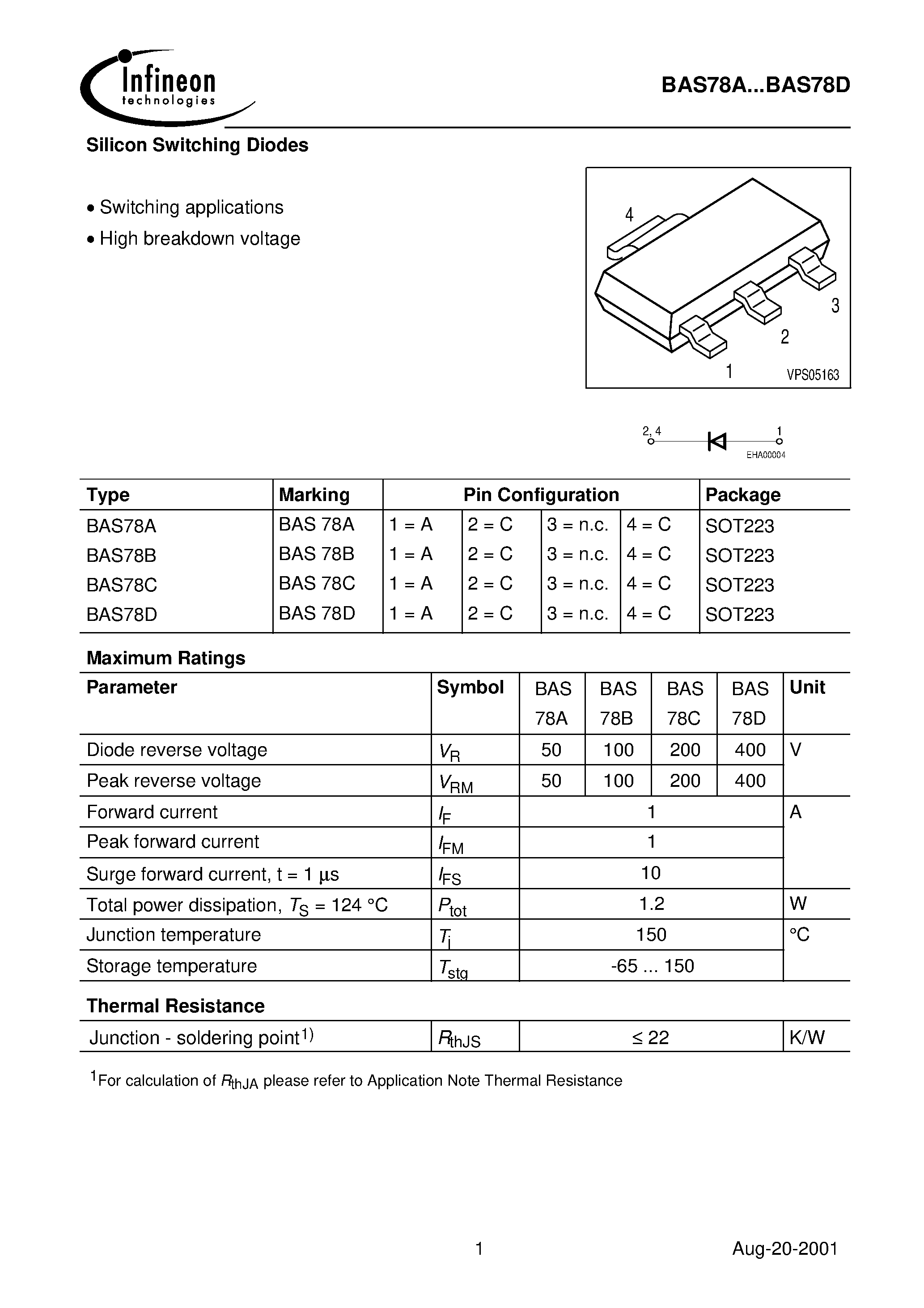 Даташит на микросхему BAS78D страница 1 Даташит BAS78D - Silicon Switching Diodes страница 1