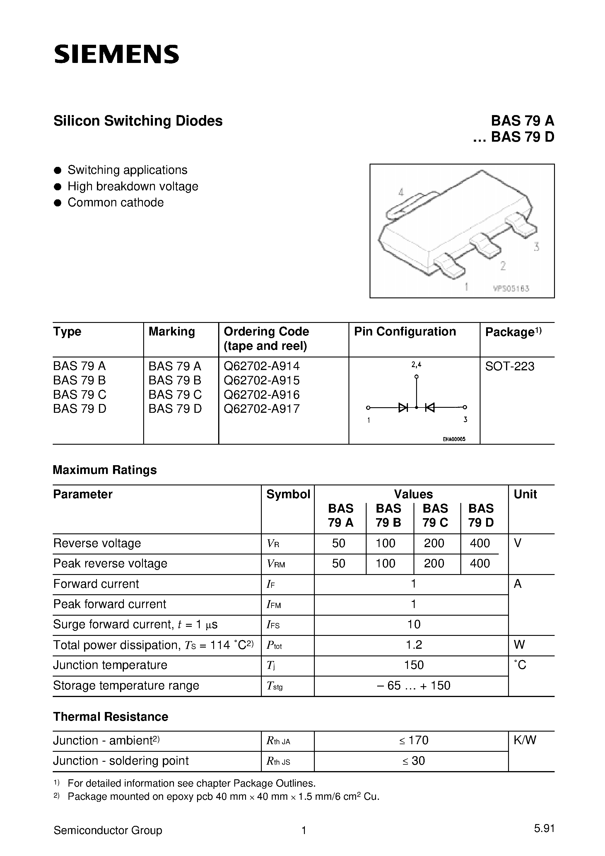 Даташит на микросхему BAS79C страница 1 Даташит BAS79C - Silicon Switching Diodes (Switching applications High breakdown voltage Common cathode) страница 1