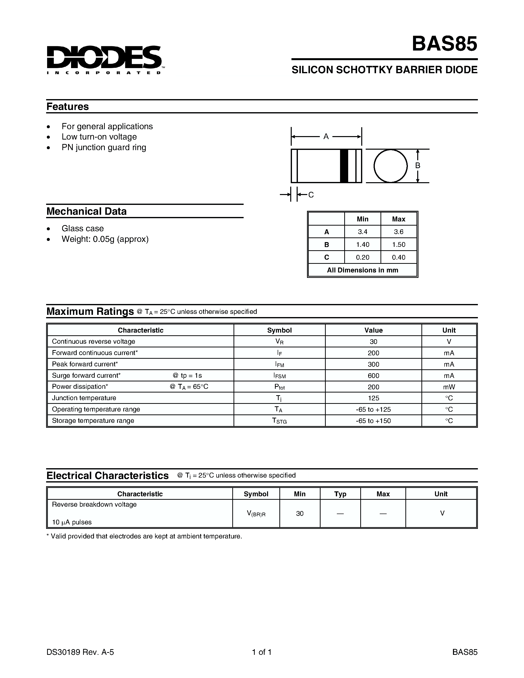 Datasheet BAS85 - SILICON SCHOTTKY BARRIER DIODE page 1