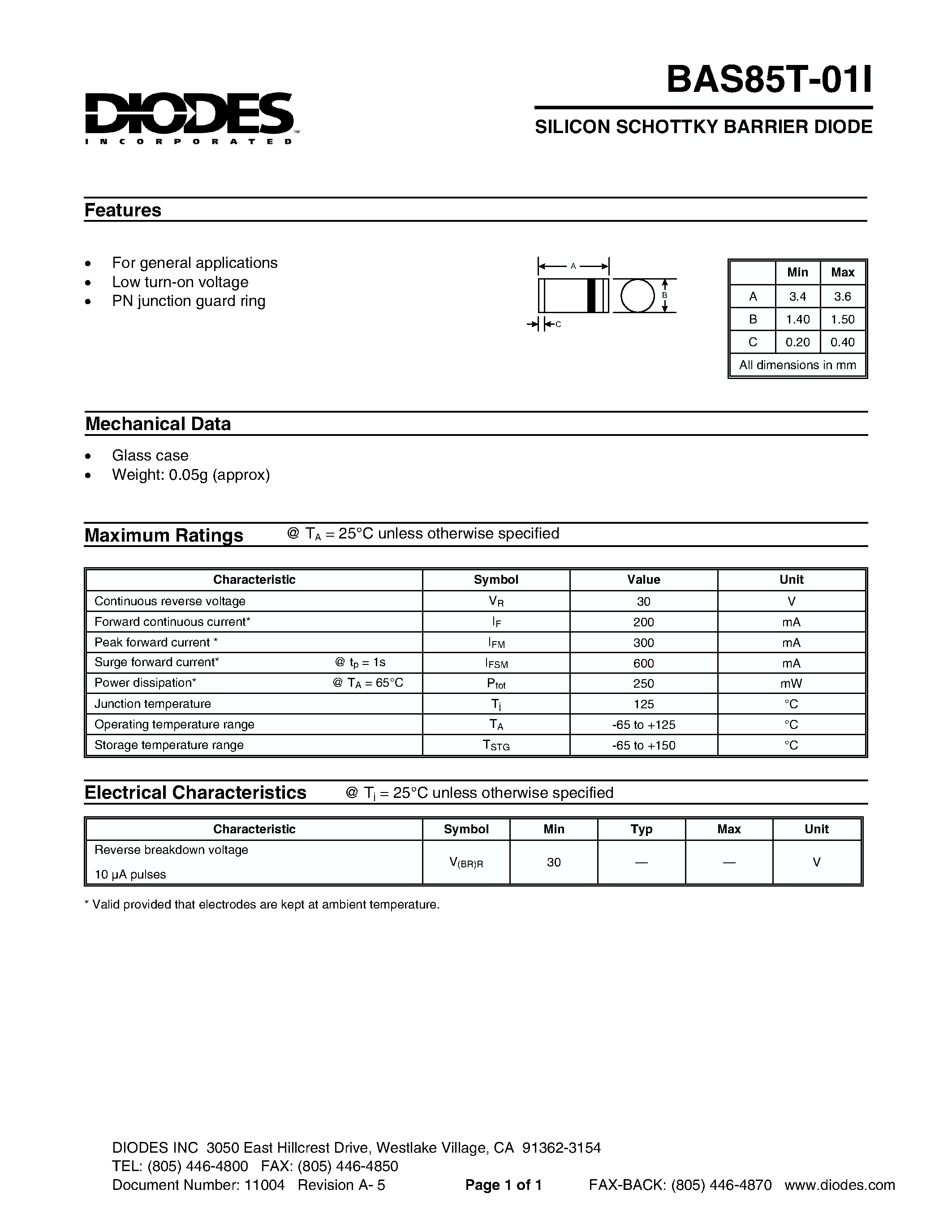Datasheet BAS85T - SILICON SCHOTTKY BARRIER DIODE page 1