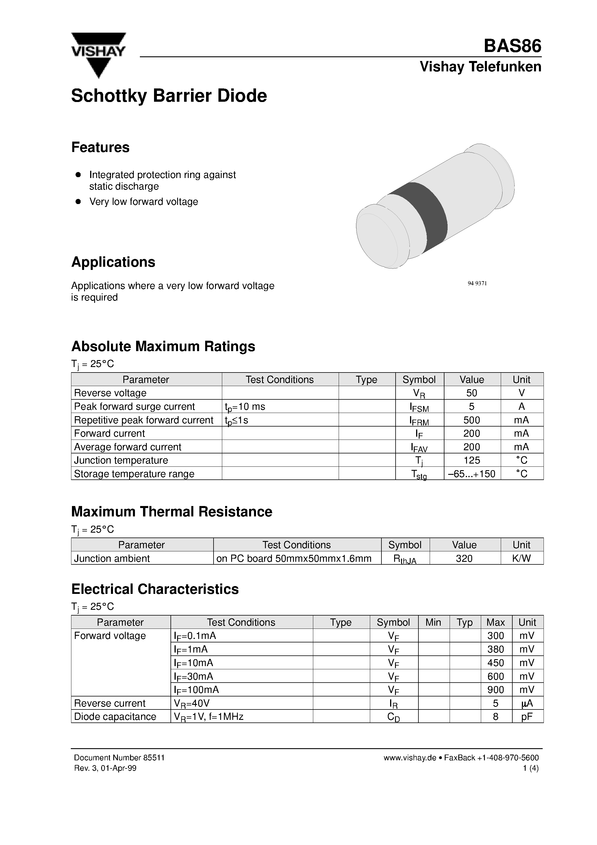 Datasheet BAS86 - Schottky Barrier Diode page 1