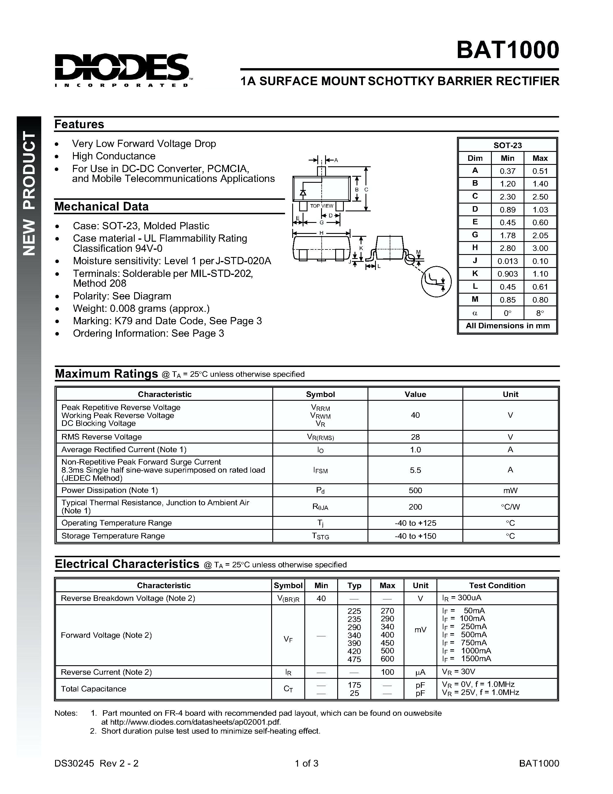 Datasheet BAT1000 - 1A SURFACE MOUNT SCHOTTKY BARRIER RECTIFIER page 1