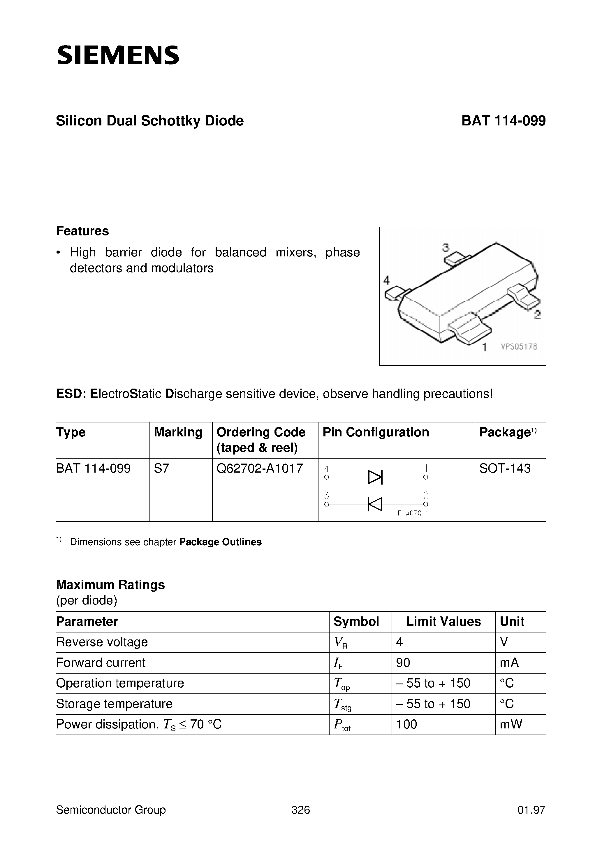 Datasheet BAT114-099 - Silicon Dual Schottky Diode (High barrier diode for balanced mixers/ phase detectors and modulators) page 1
