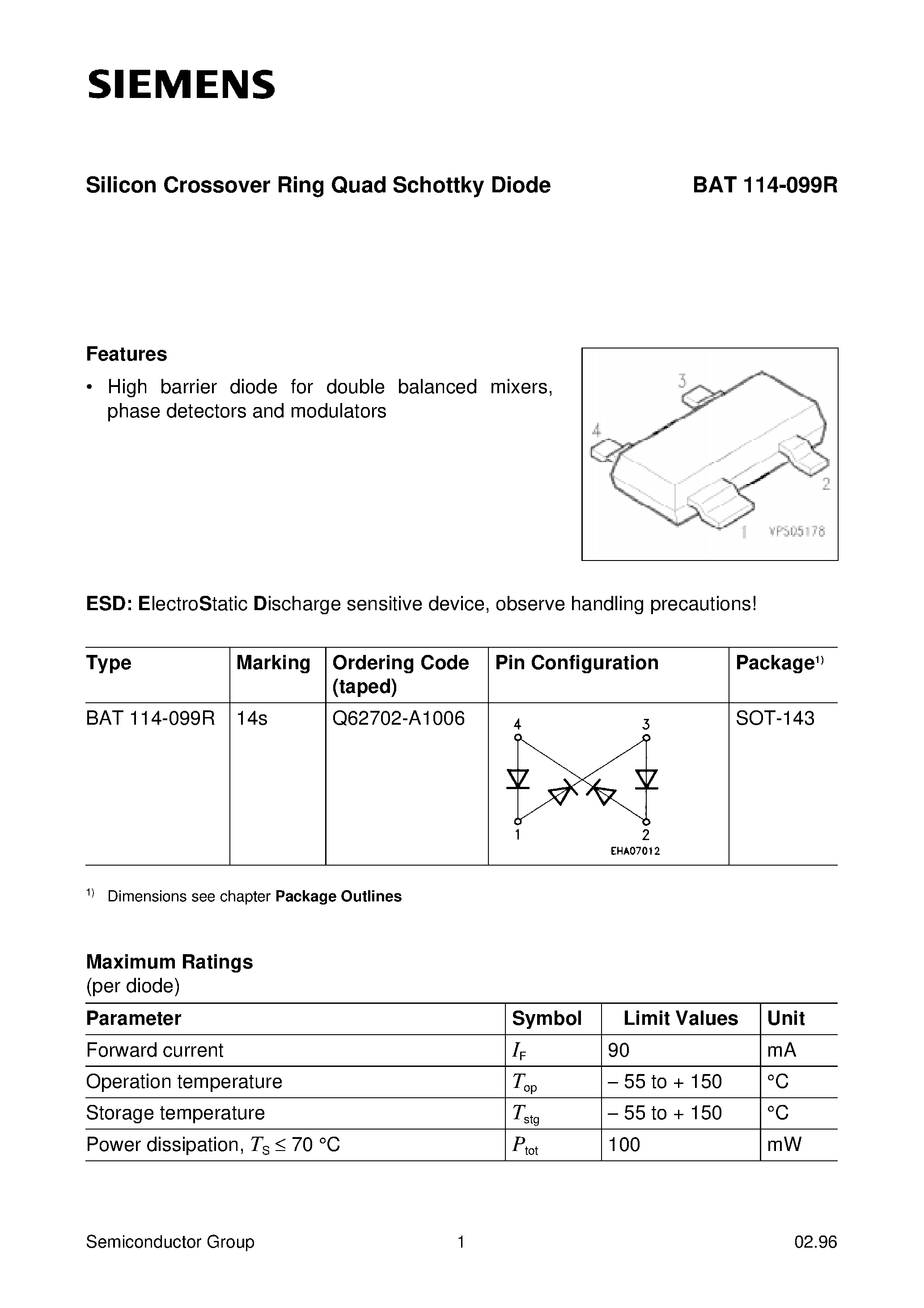 Datasheet BAT114-099R - Silicon Crossover Ring Quad Schottky Diode (High barrier diode for double balanced mixers/ phase detectors and modulators) page 1