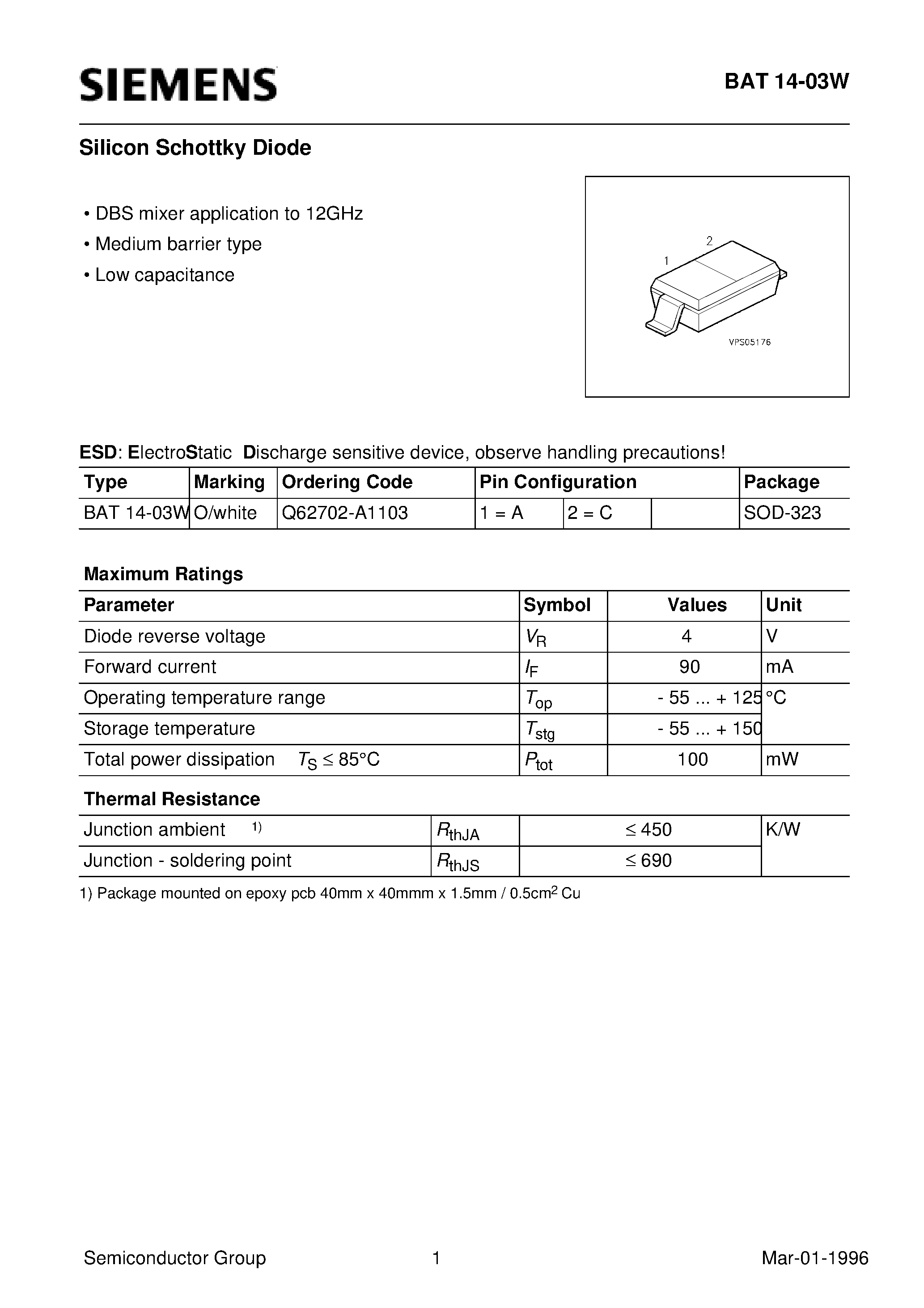 Datasheet BAT14-03W - Silicon Schottky Diode (DBS mixer application to 12GHz Medium barrier type Low capacitance) page 1