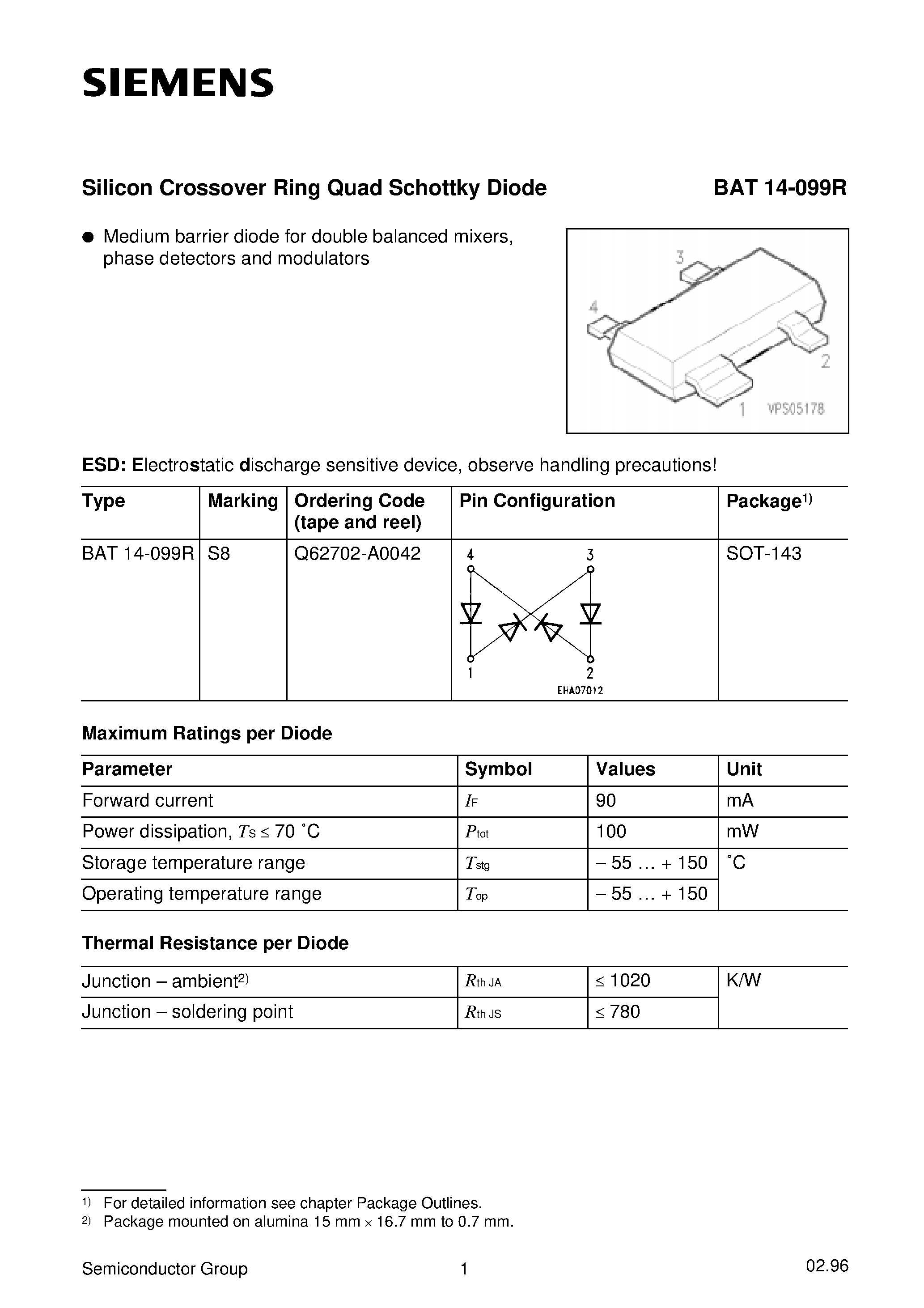 Datasheet BAT14-099R - Silicon Crossover Ring Quad Schottky Diode page 1