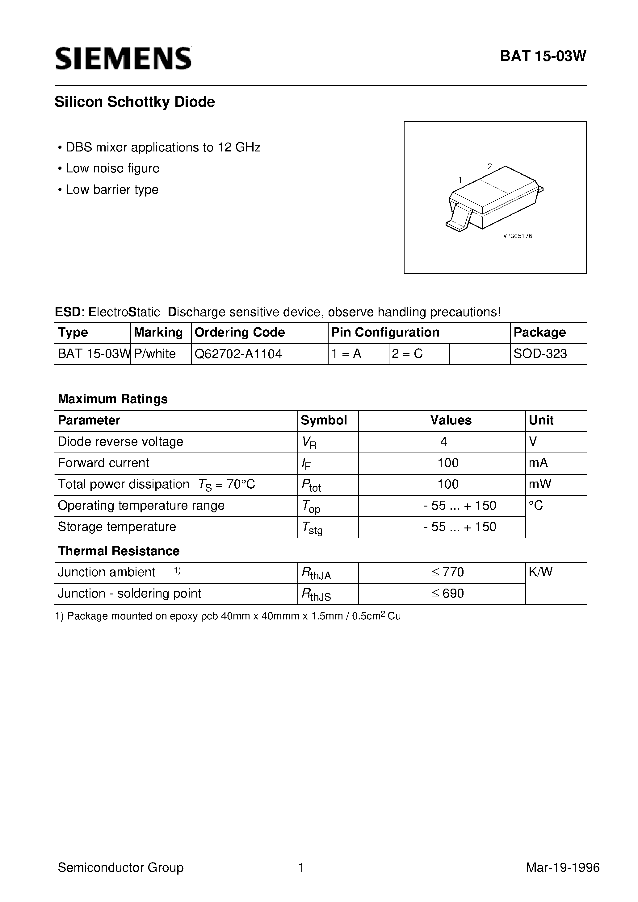 Datasheet BAT15-03W page 1 Datasheet BAT15-03W - Silicon Schottky Diode (DBS mixer applications to 12 GHz Low noise figure Low barrier type) page 1