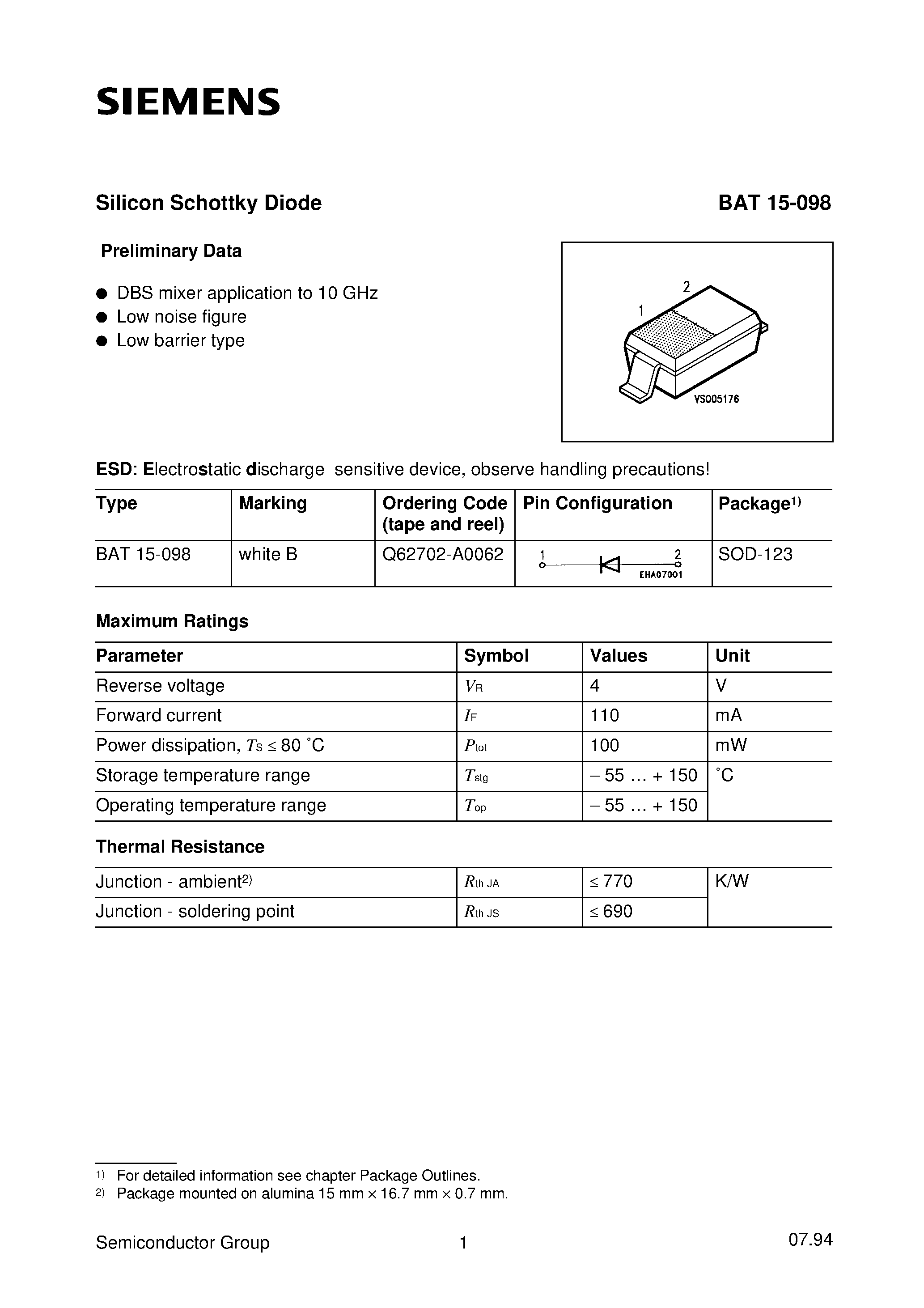Даташит BAT15-098 - Silicon Schottky Diode (DBS mixer application to 10 GHz Low noise figure Low barrier type) страница 1