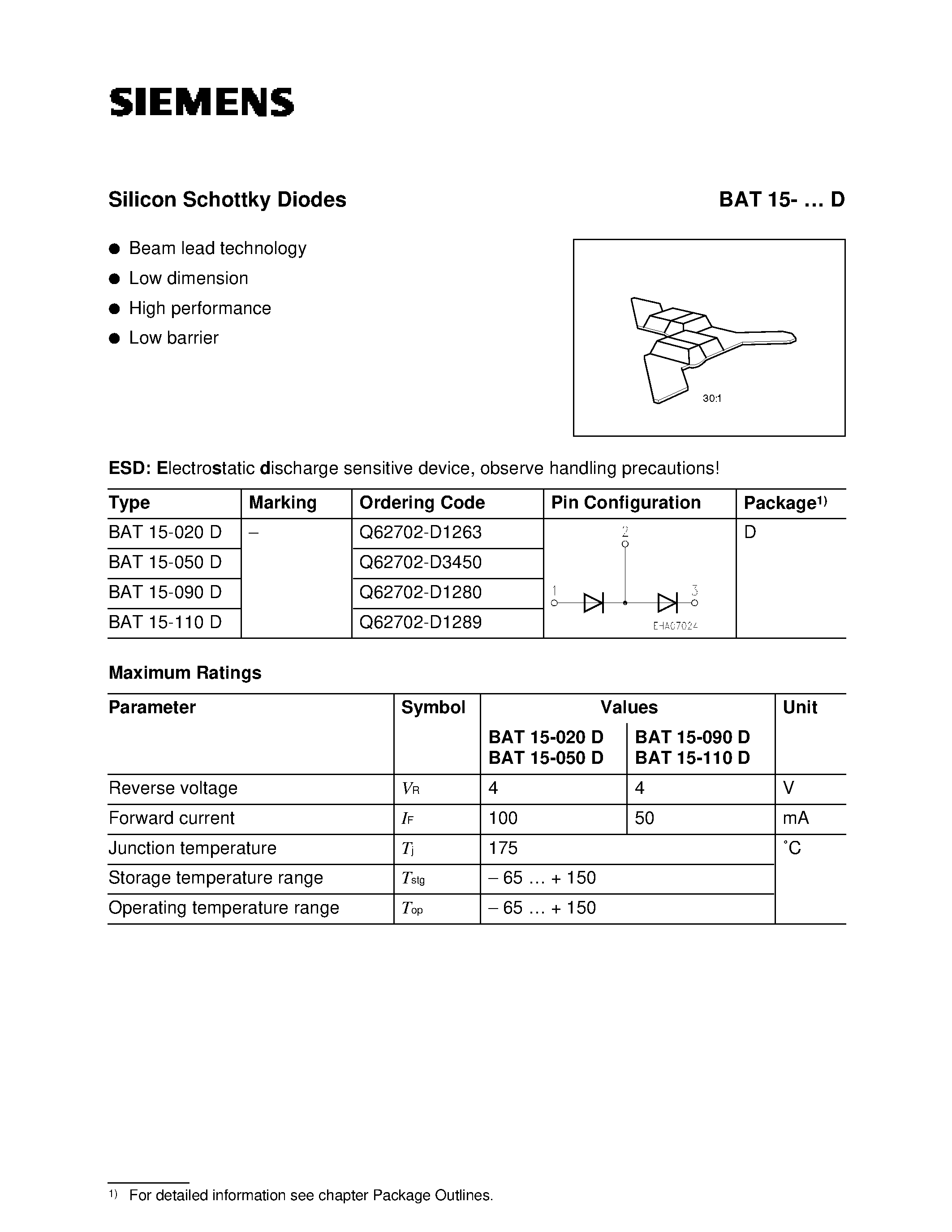 Даташит BAT15-D - Silicon Schottky Diodes (Beam lead technology Low dimension High performance Low barrier) страница 1