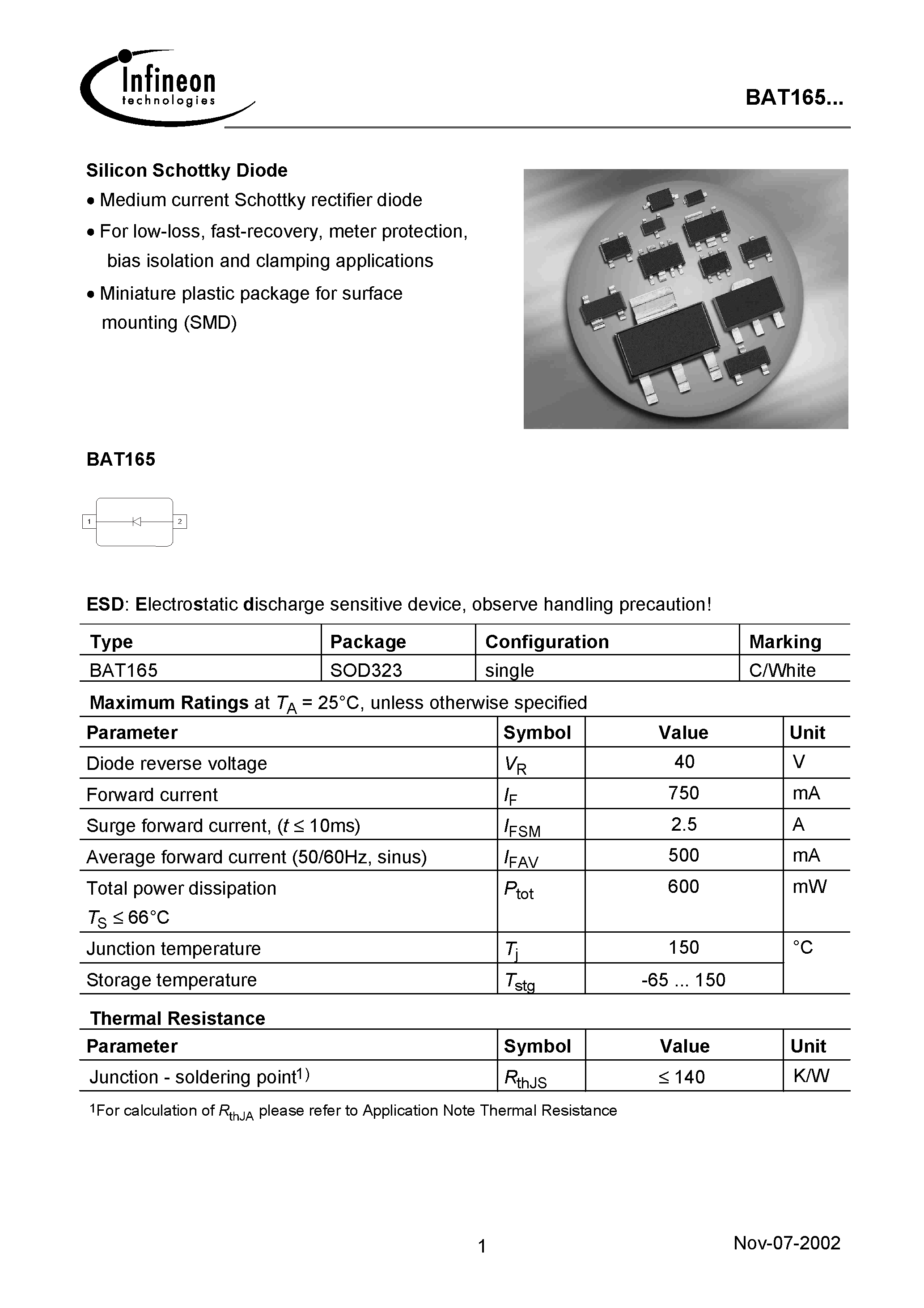 Datasheet BAT165 page 1 Datasheet BAT165 - Silicon Schottky Diode page 1
