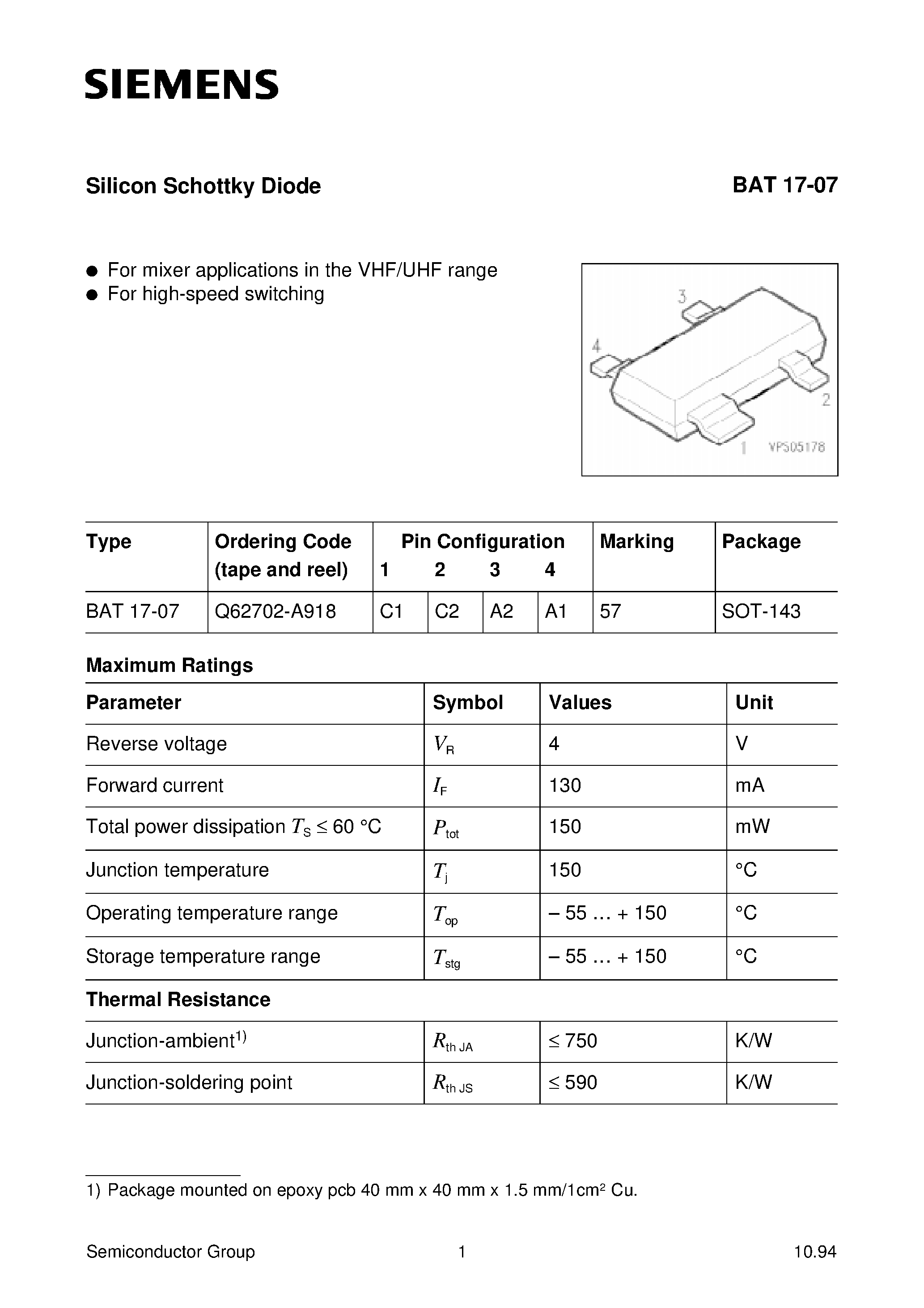 Даташит BAT17-07 - Silicon Schottky Diode (For mixer applications in the VHF/UHF range For high-speed switching) страница 1