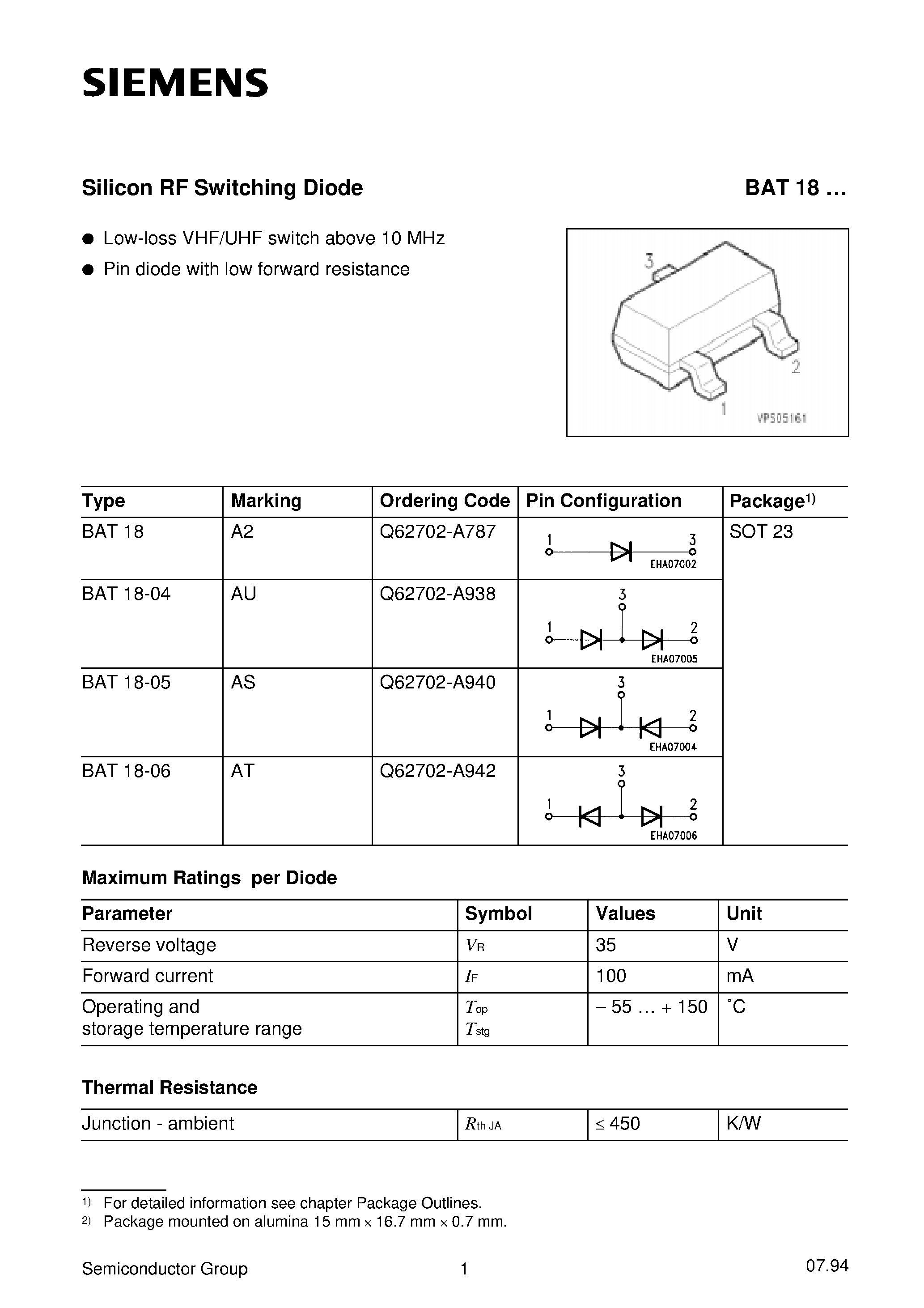 Datasheet BAT18 page 1 Datasheet BAT18 - Silicon RF Switching Diode (Low-loss VHF/UHF switch above 10 MHz Pin diode with low forward resistance) page 1