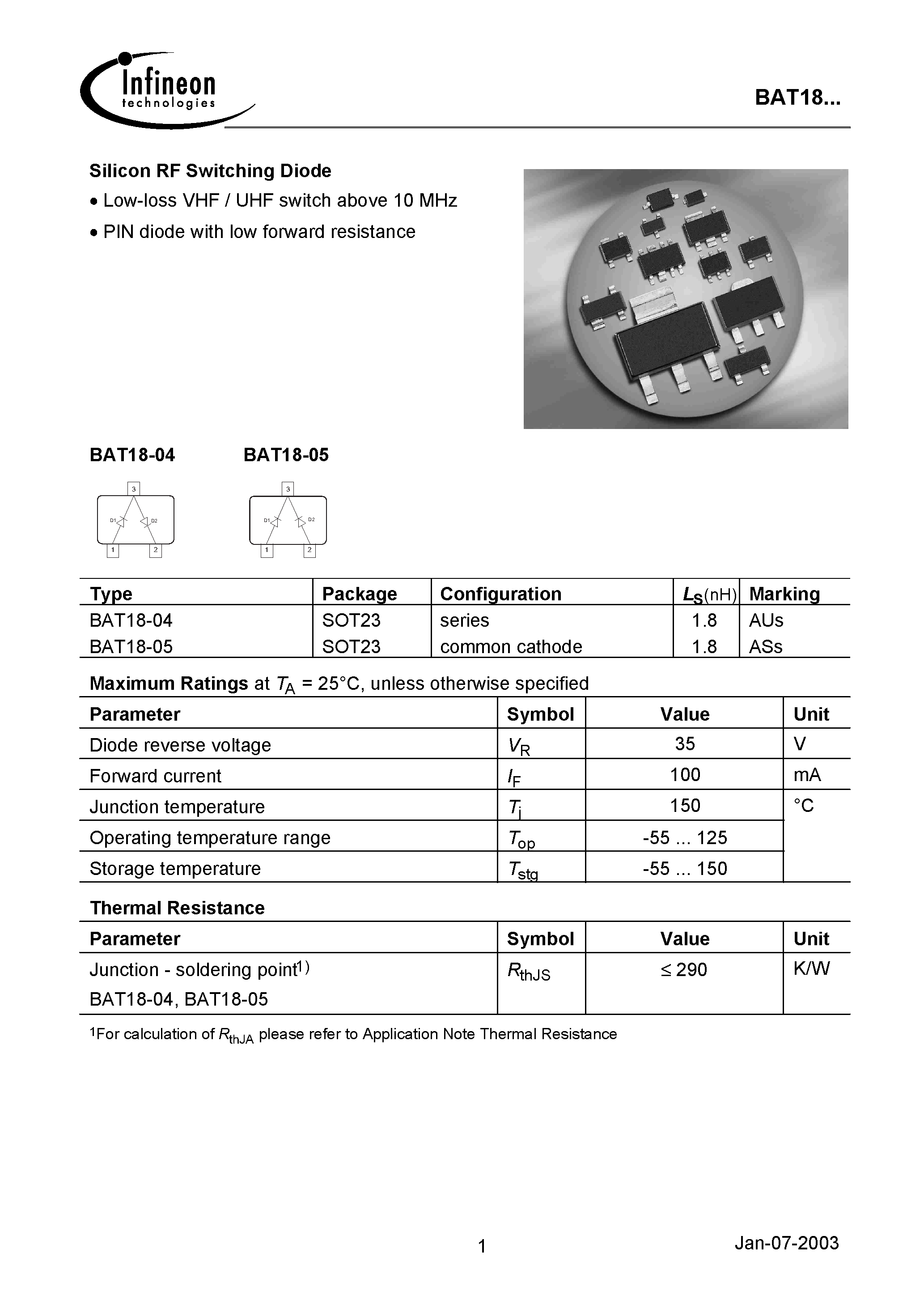 Datasheet BAT18-04 - Silicon RF Switching Diode page 1