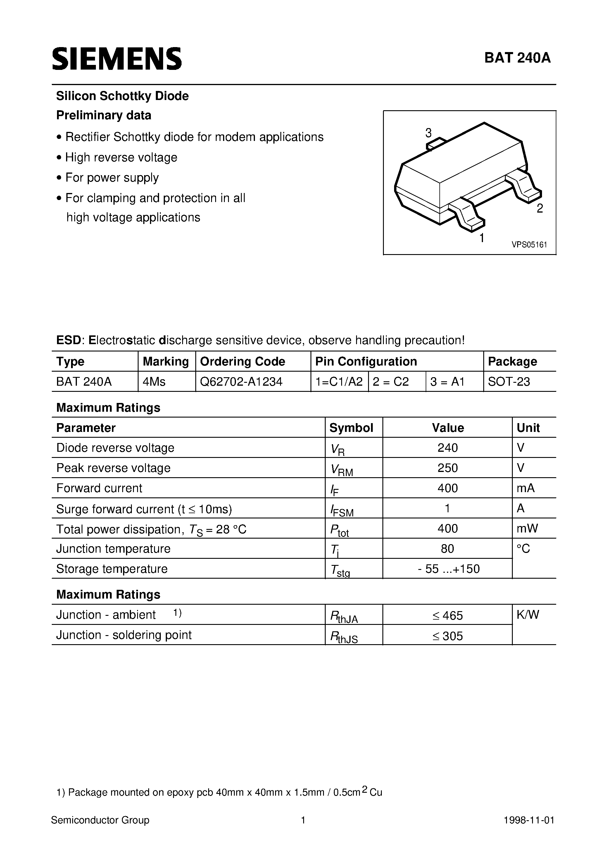 Datasheet BAT240A - Silicon Schottky Diode (Rectifier Schottky diode for modem applications High reverse voltage For power supply) page 1