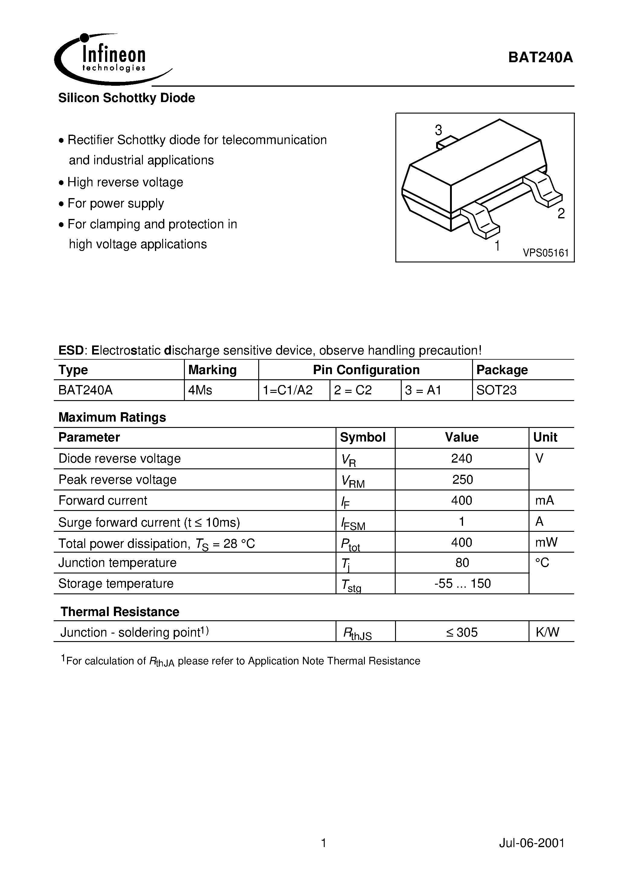 Datasheet BAT240A - Silicon Schottky Diode page 1