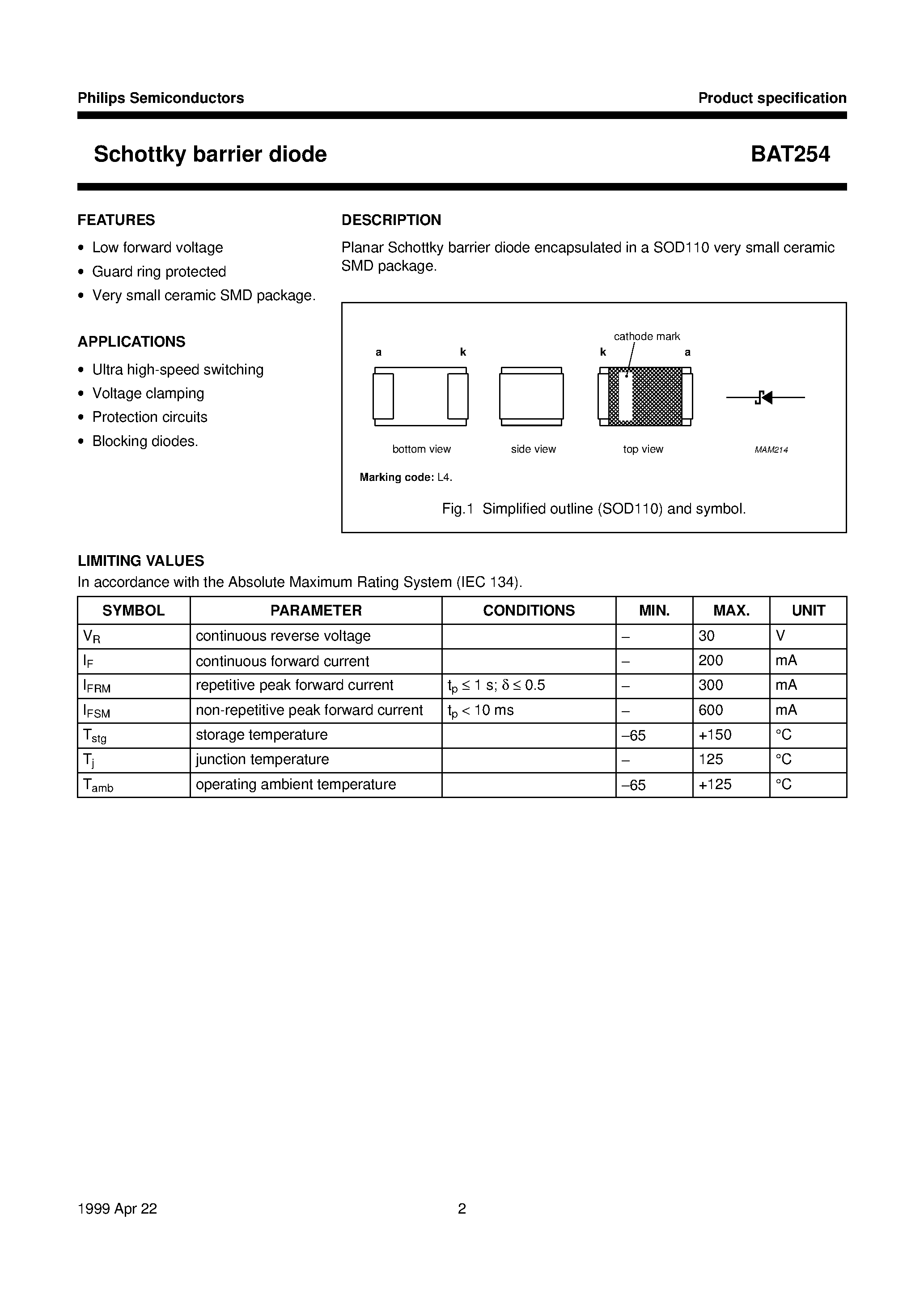 Даташит BAT254 - Schottky barrier diode страница 2