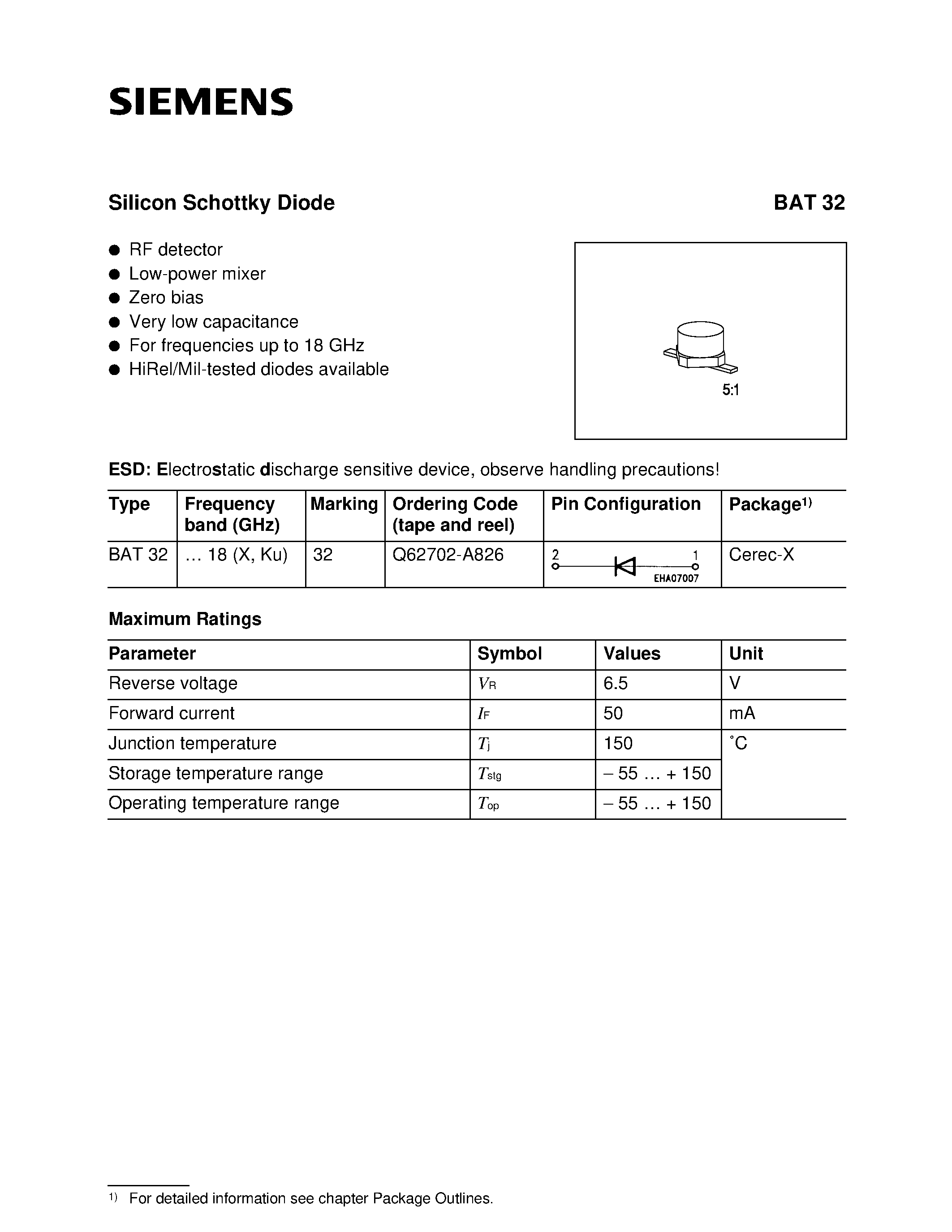 Даташит BAT32 - Silicon Schottky Diode страница 1