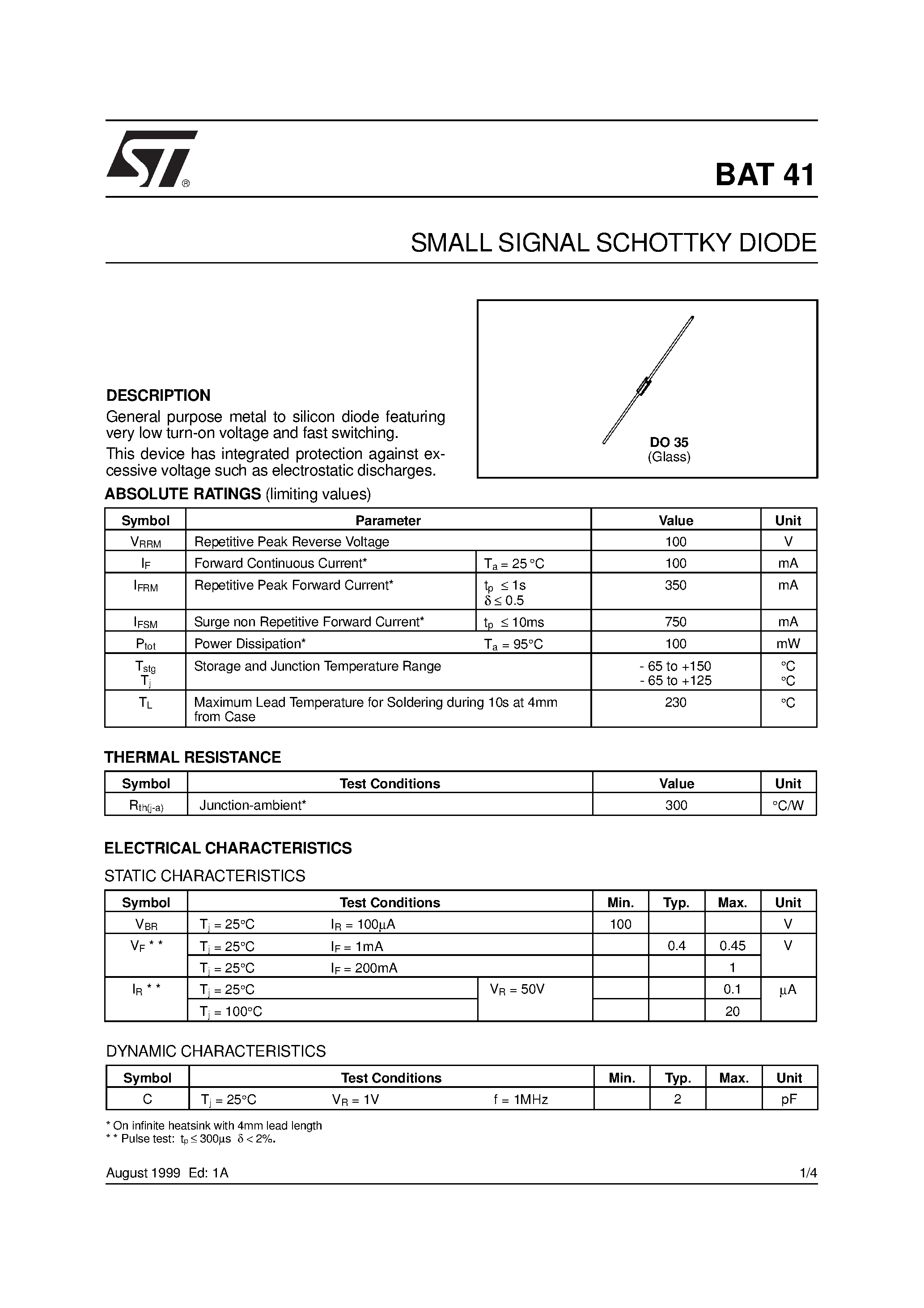 Даташит BAT41 - SMALL SIGNAL SCHOTTKY DIODE страница 1