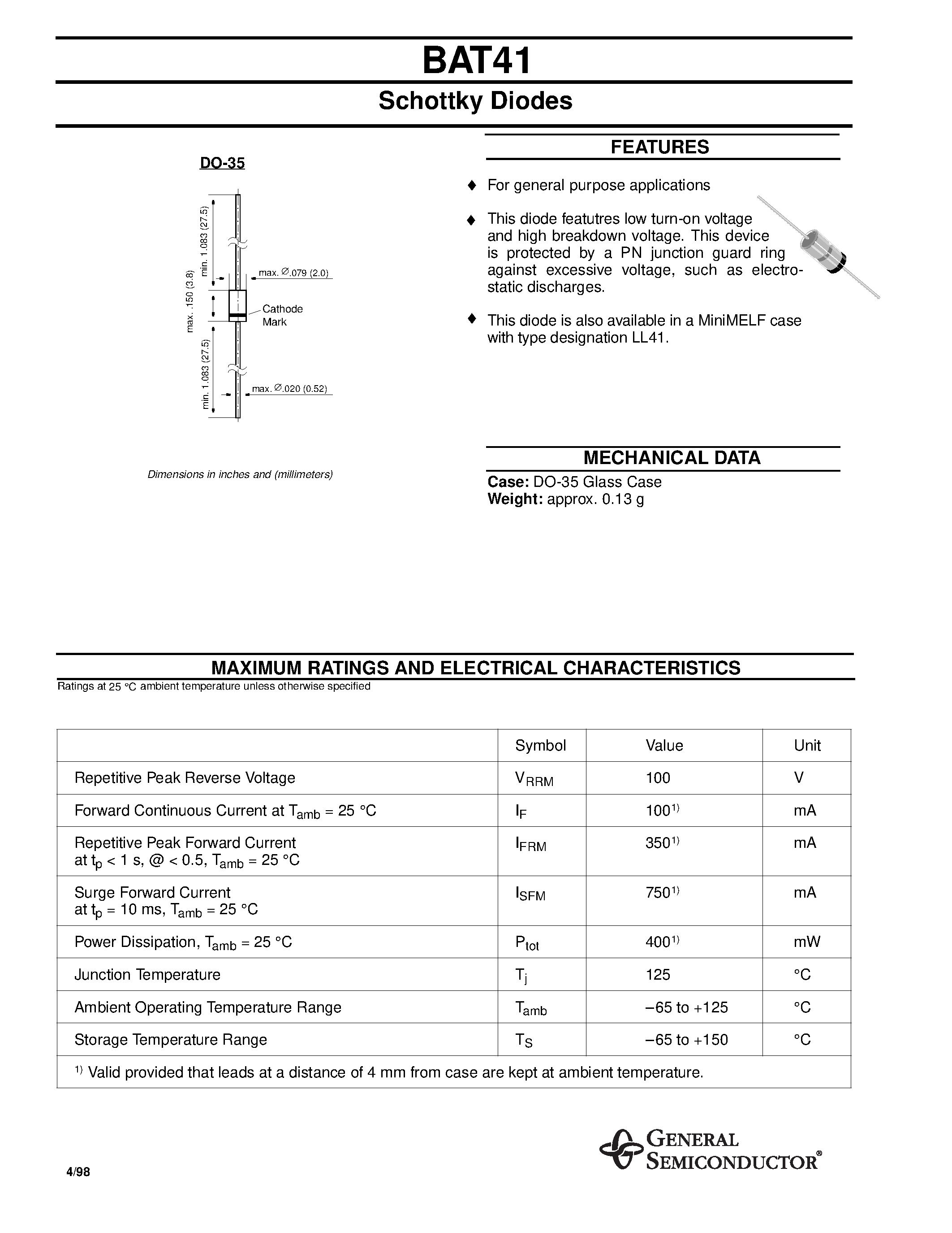 Даташит BAT41 - Schottky Diodes страница 1