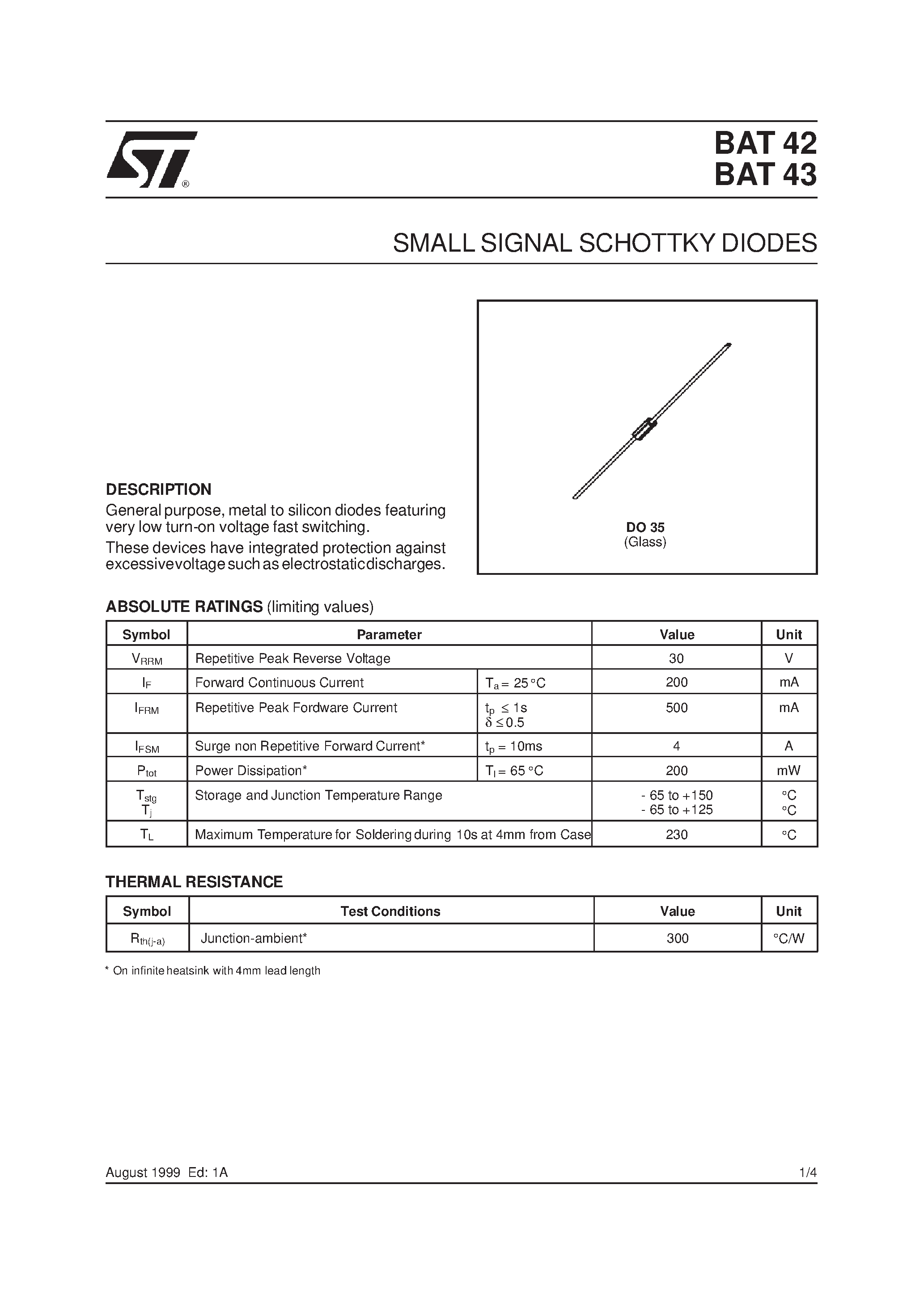 Даташит BAT42 - SMALL SIGNAL SCHOTTKY DIODES страница 1