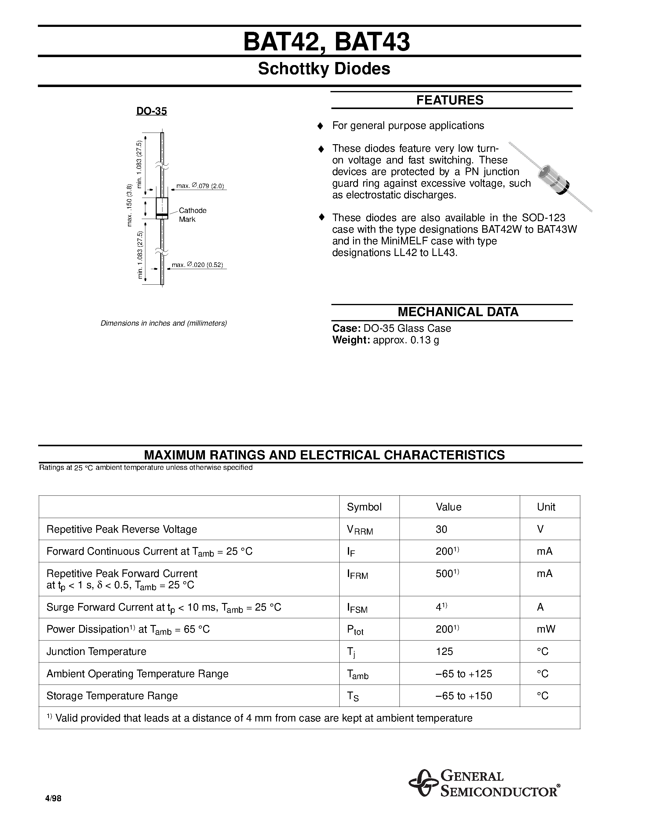 Datasheet BAT42 page 1 Datasheet BAT42 - Schottky Diodes page 1