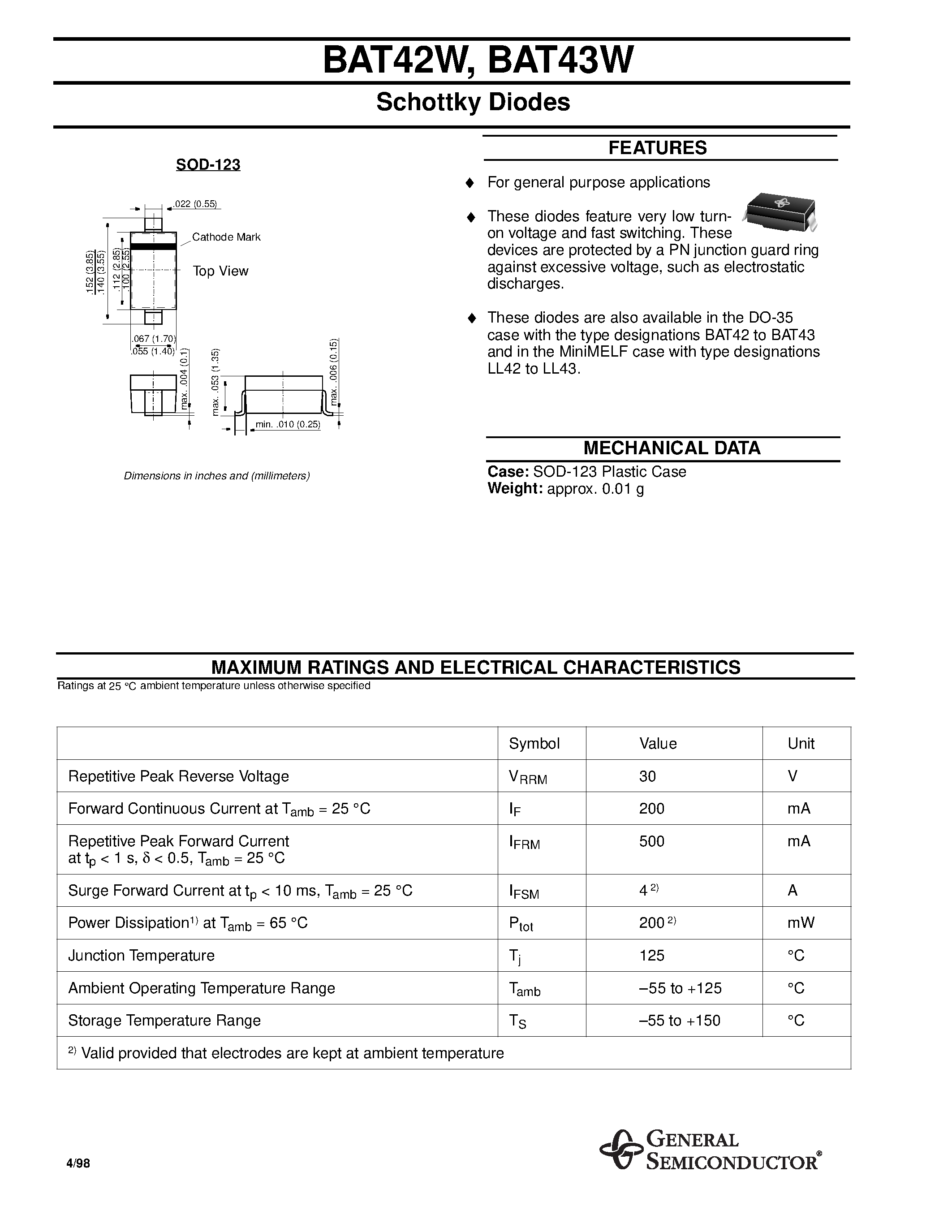 Даташит BAT42W - Schottky Diodes страница 1