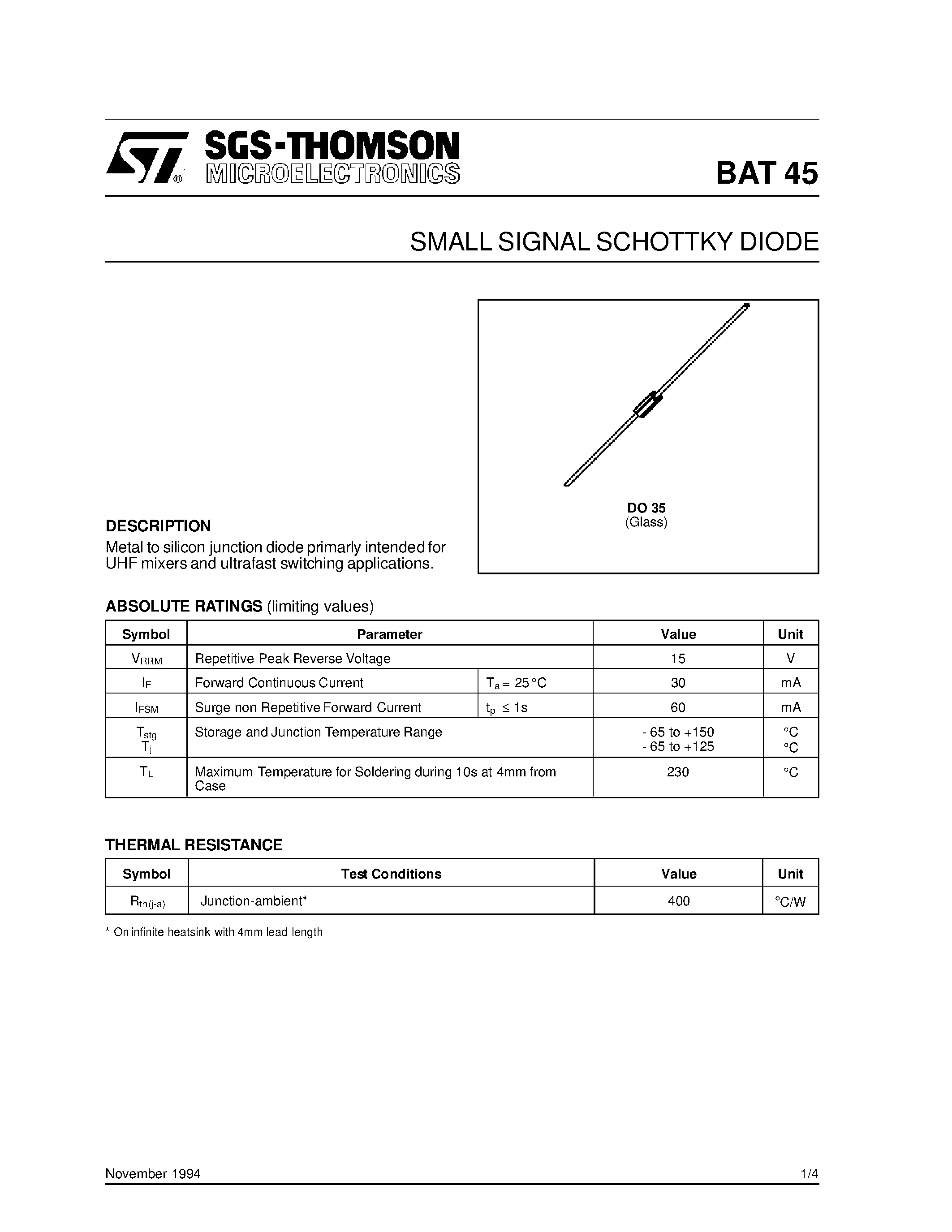 Datasheet BAT45 page 1 Datasheet BAT45 - SMALL SIGNAL SCHOTTKY DIODE page 1