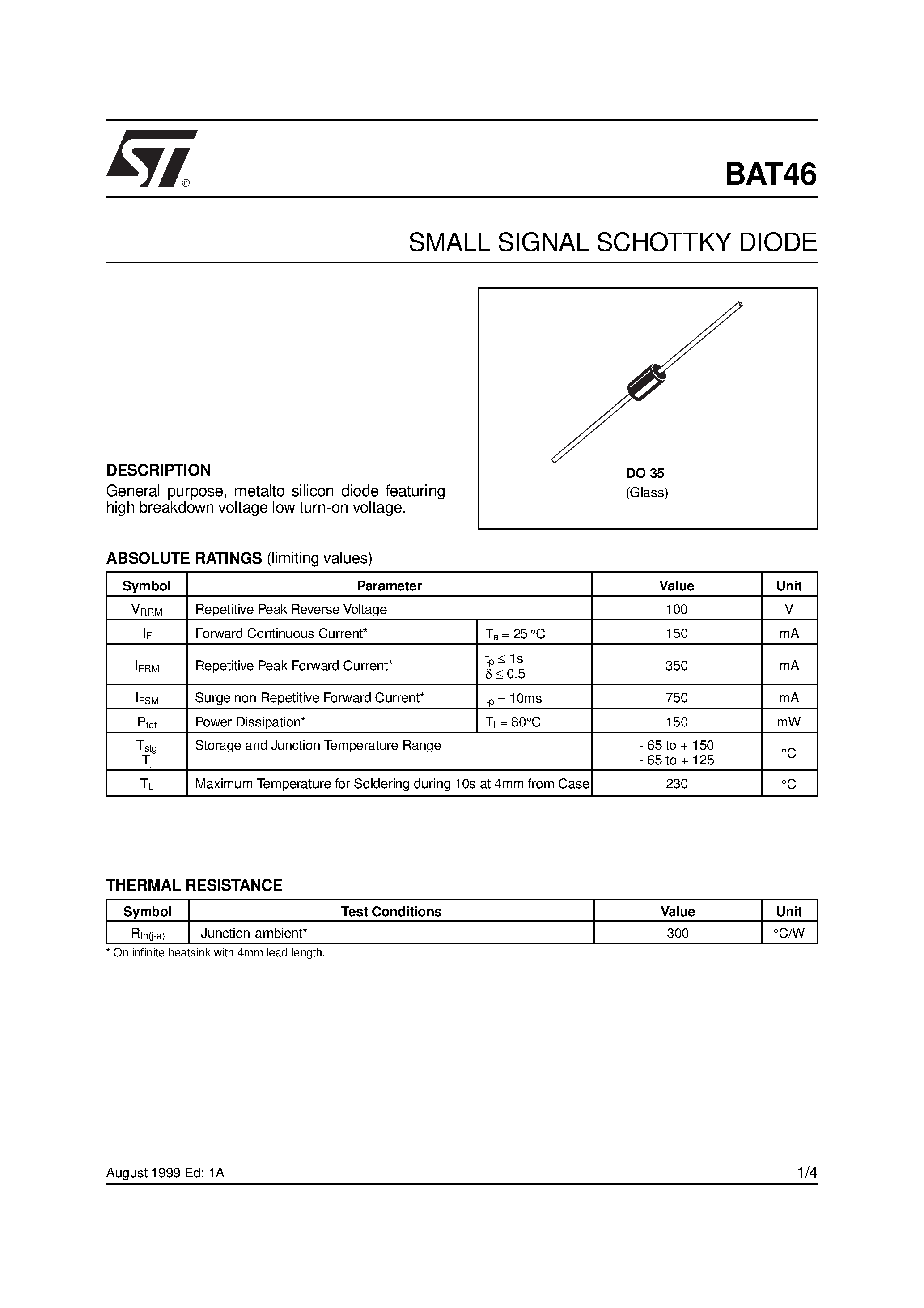 Datasheet BAT46 page 1 Datasheet BAT46 - SMALL SIGNAL SCHOTTKY DIODE page 1